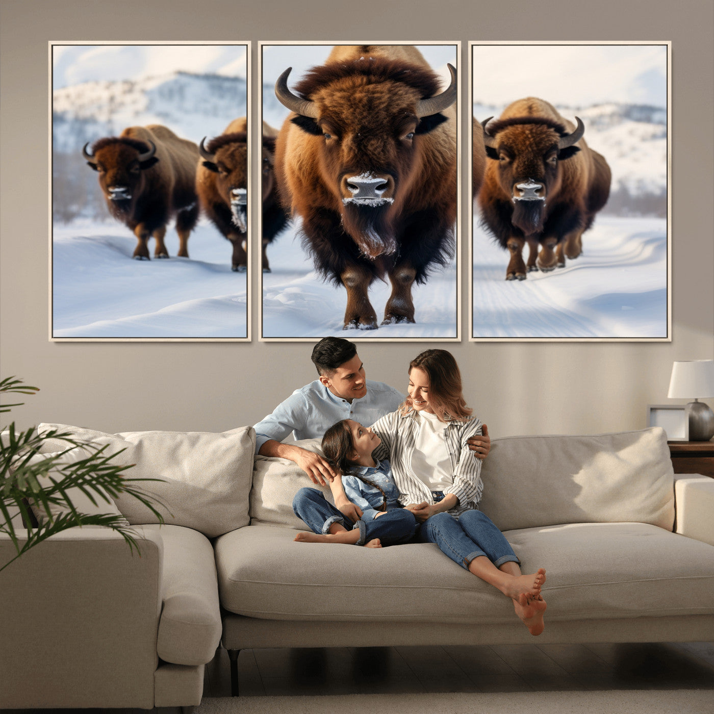 56701-MGV-CV-36X24-Bison Herd Wall Art – Buffalo Walking in Snowy Mountains Canvas Print, Rustic Wildlife Decor for Cabin, Lodge, or Living Room