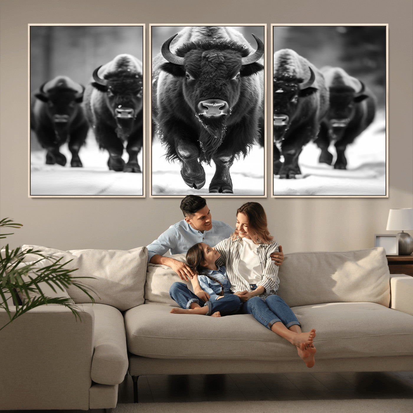 79872-MGV-CV-36X24-Bison Herd Wall Art – Black and White Buffalo on Snow Canvas Print, Rustic Wildlife Decor for Lodge, Cabin, or Living Room