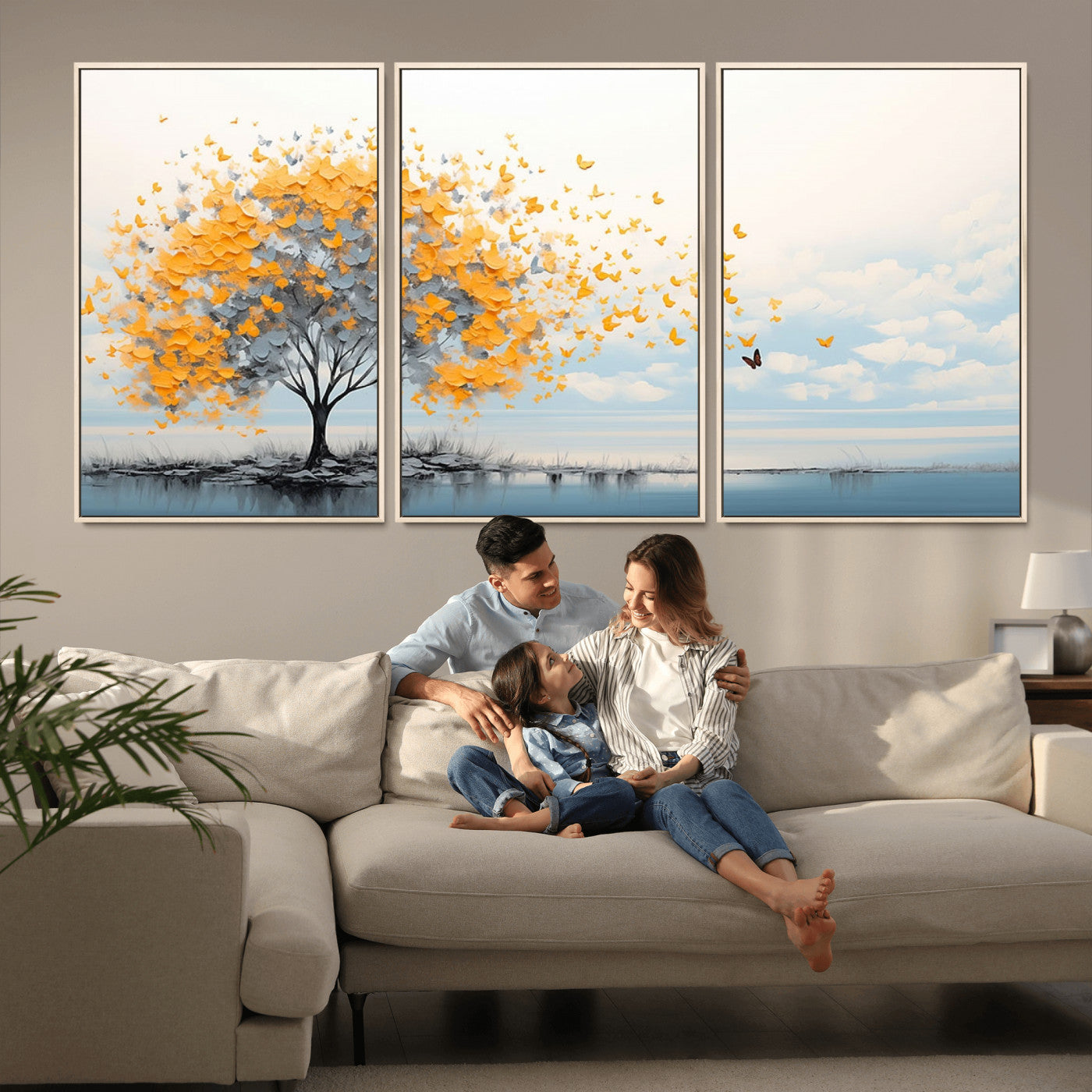 23385-MGV-CV-36X24-Golden Butterfly Tree Wall Art – Abstract Yellow and Gray Canvas Print, Modern Nature Artwork for Living Room, Bedroom or Office