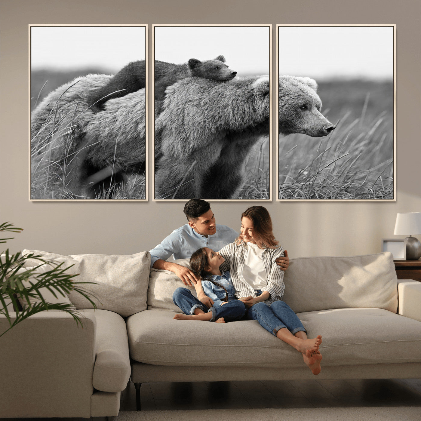76338-MGV-CV-36X24-Mother Bear and Cub Wall Art – Black and White Wildlife Canvas Print, Rustic Nature Photography for Cabin, Living Room or Office