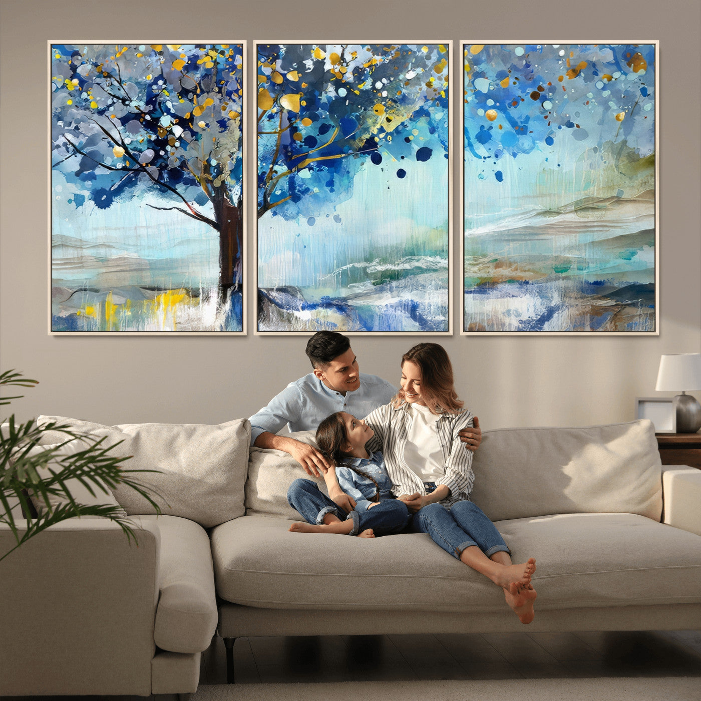 17018-MGV-CV-36X24-Abstract Blue Tree Wall Art – Colorful Canvas Painting with Gold and Silver Accents, Modern Nature Artwork for Living Room,