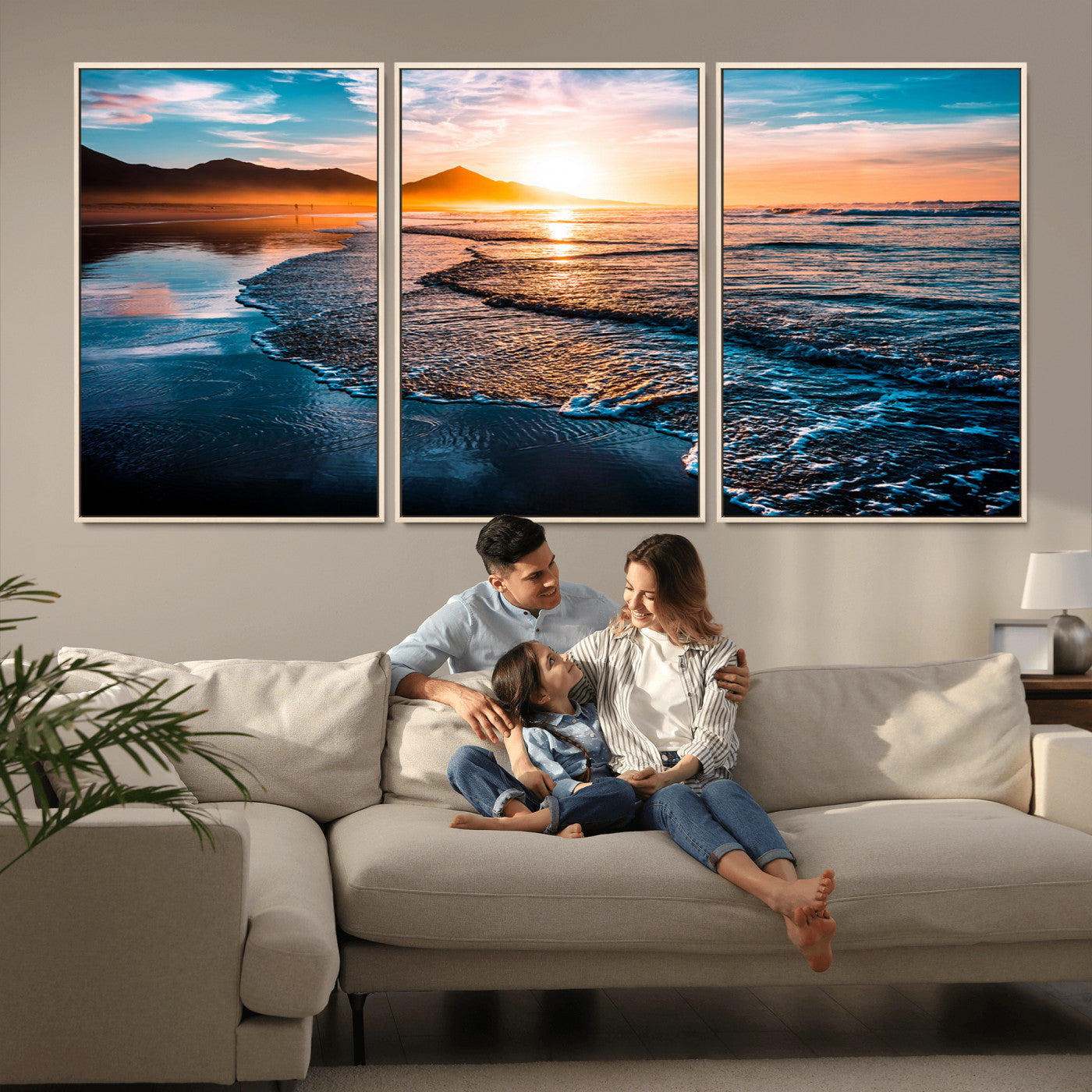 26494-MGV-CV-36X24-Ocean Sunset Wall Art – Scenic Beach Canvas Print with Waves and Mountains, Coastal Seascape Photography for Living Room, Bedroom