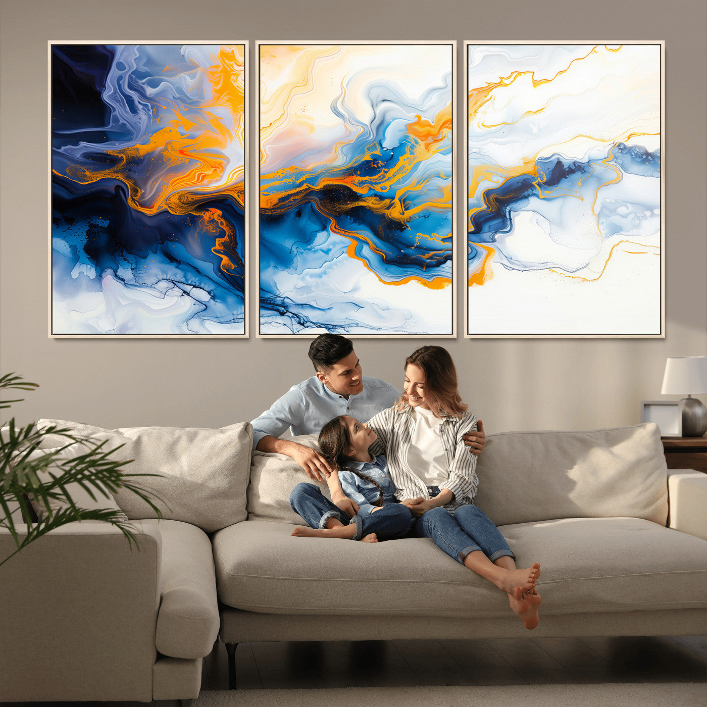 83720-MGV-CV-36X24-Abstract Fluid Wall Art – Blue, White and Gold Swirl Canvas Painting, Modern Contemporary Artwork for Living Room, Bedroom or