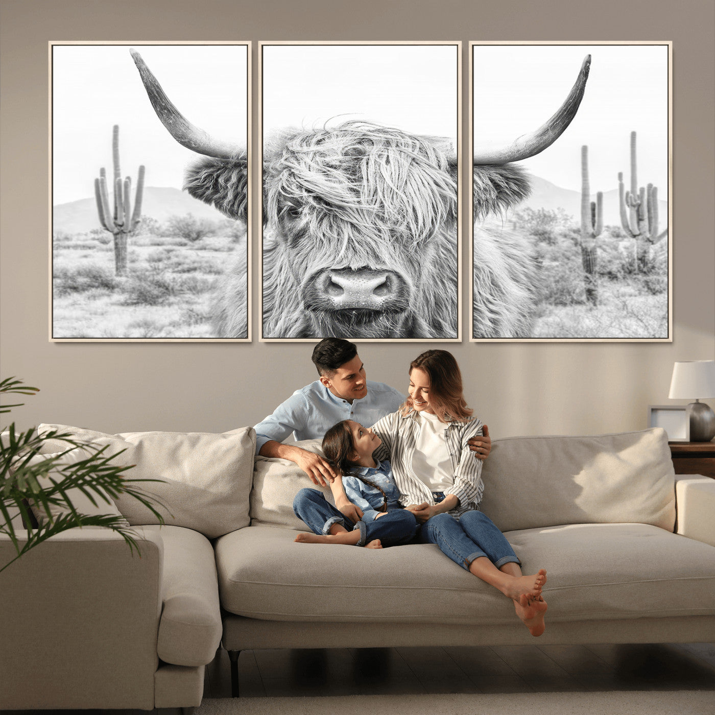 94579-MGV-CV-36X24-Highland Cow Wall Art – Black and White Longhorn Canvas Print, Rustic Western Farmhouse Animal Photography for Living Room,