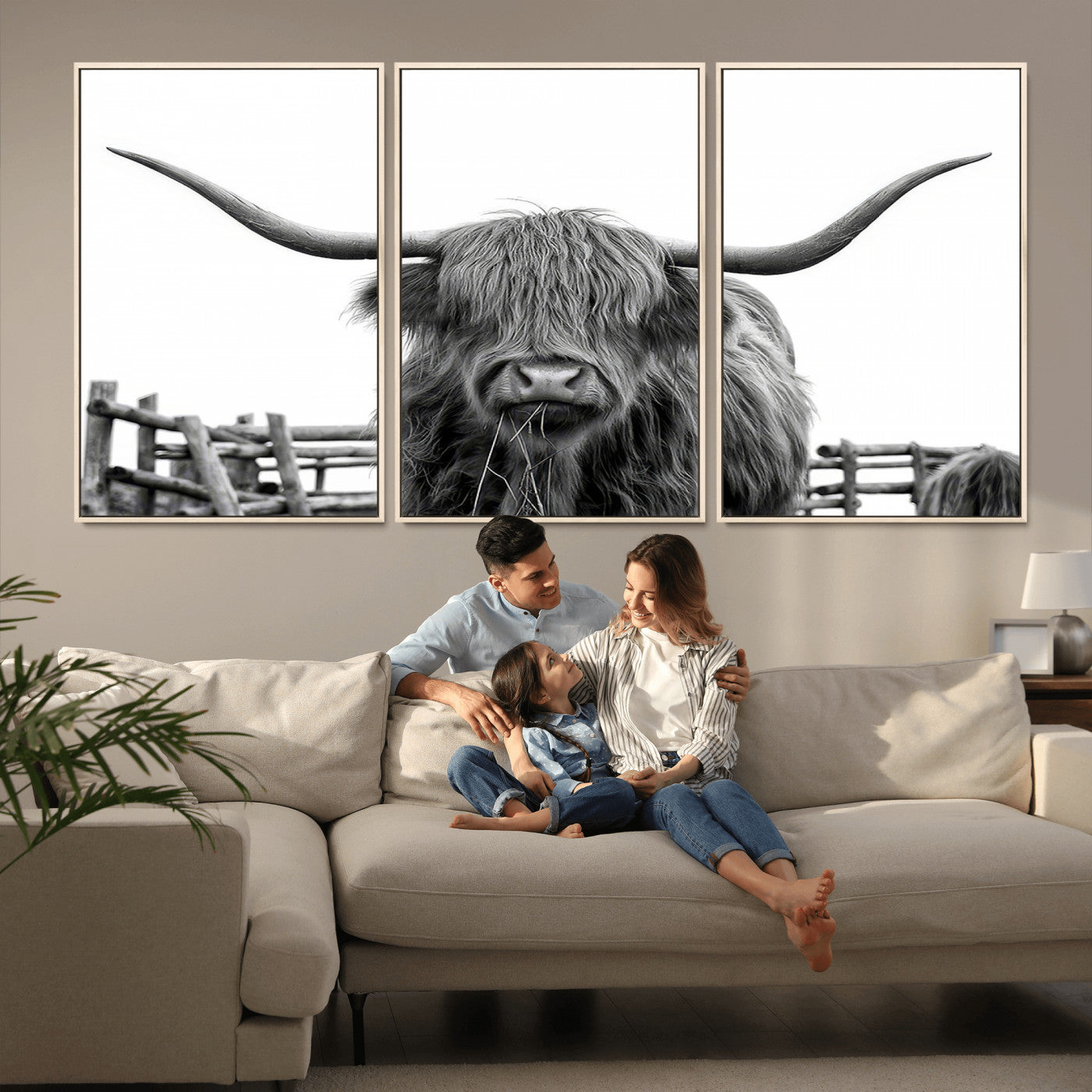 58188-MGV-CV-36X24-Highland Cow Wall Art – Black and White Rustic Farmhouse Canvas Print, Longhorn Cattle Photography Decor for Living Room or