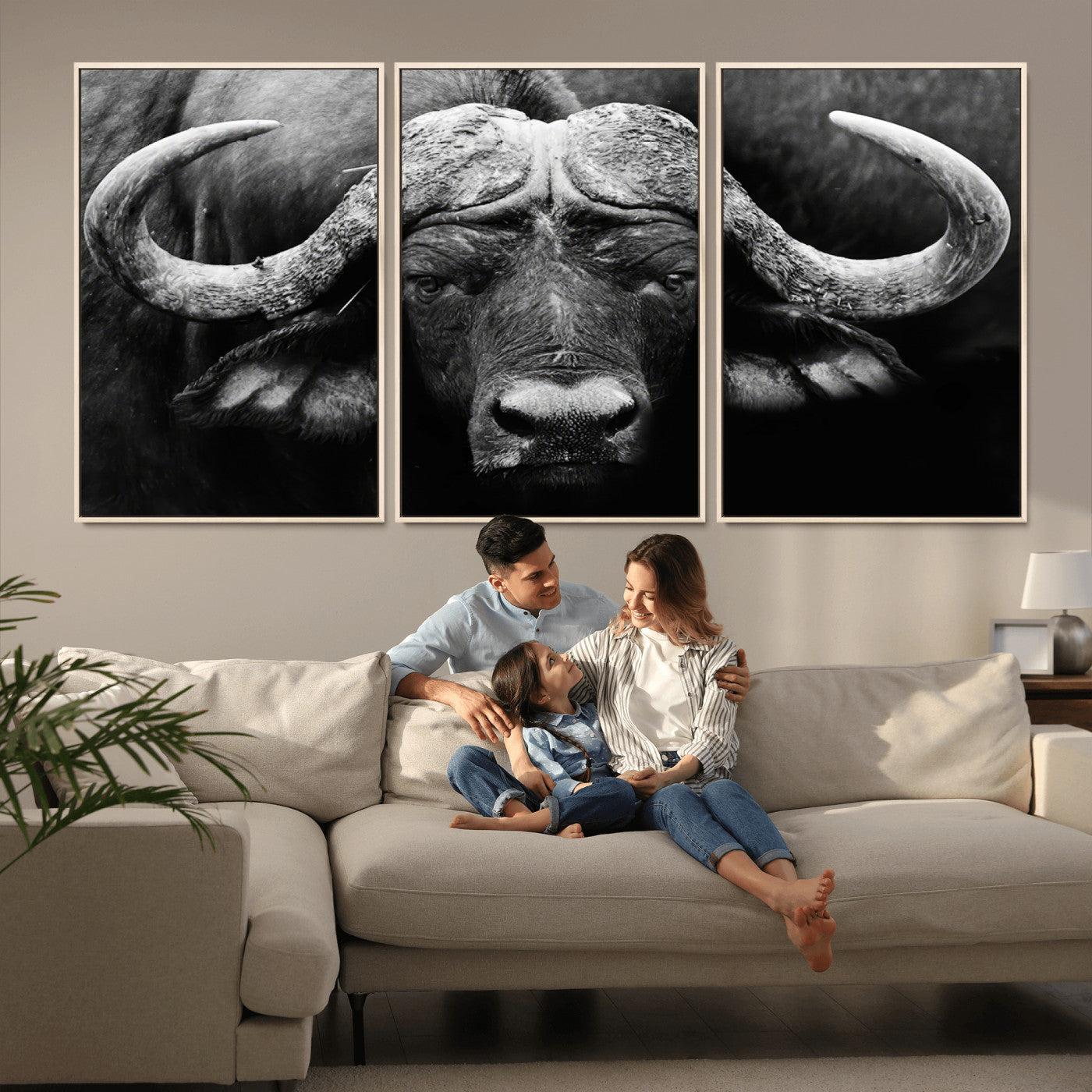 75273-MGV-CV-36X24-Buffalo Wall Art – Black and White African Buffalo Canvas Print, Rustic Wildlife Animal Artwork for Farmhouse, Living Room,