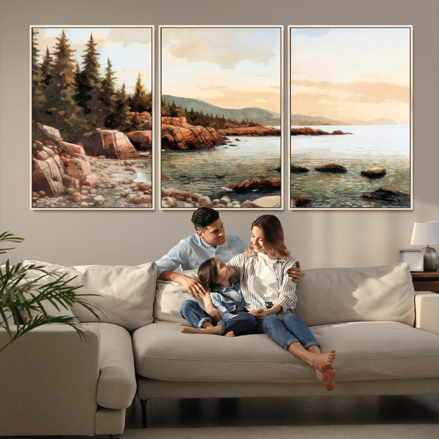 77145-MGV-FC-60X30-3P_Natural-Coastal Landscape Wall Art – Panoramic Rocky Shoreline and Pine Trees Canvas Print, Rustic Nature Decor for Cabin, Lodge, Office,