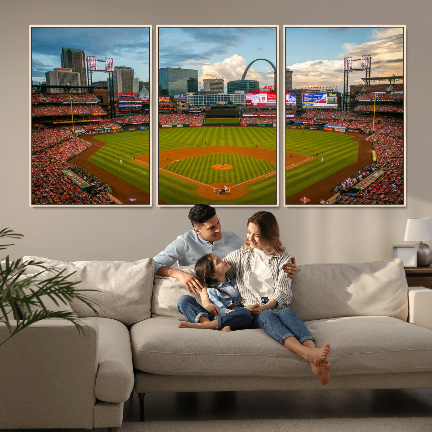 91908-MGV-FC-60X30-3P_Natural-Baseball Stadium Wall Art – Canvas Print Game Day Field City Skyline Iconic Arch Scene Sports Photography, Decor for Game Room,