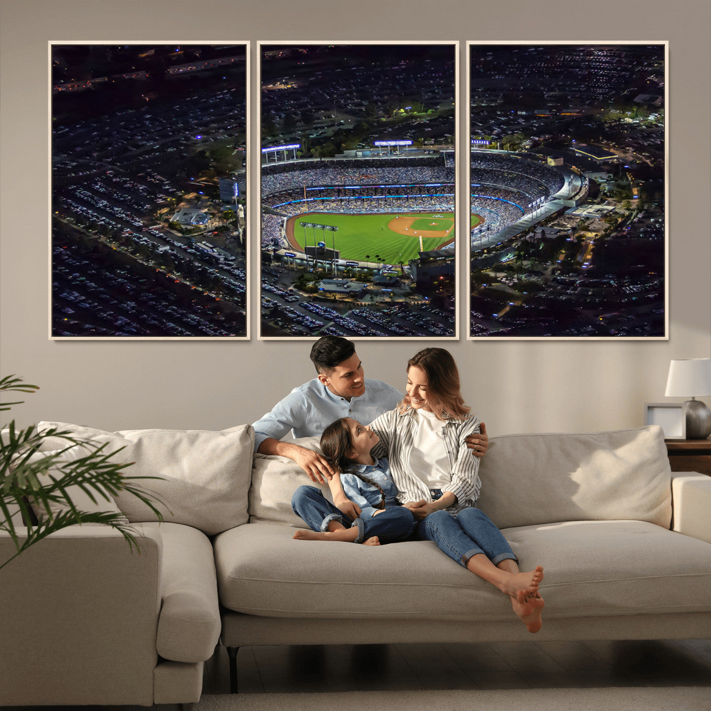 16515-MGV-FC-60X30-3P_Natural-Dodgers Stadium Wall Art Canvas Print, Framed Baseball Stadium Art Picture Print, Dodgers Field Perfect Sport Room Decor Artwork