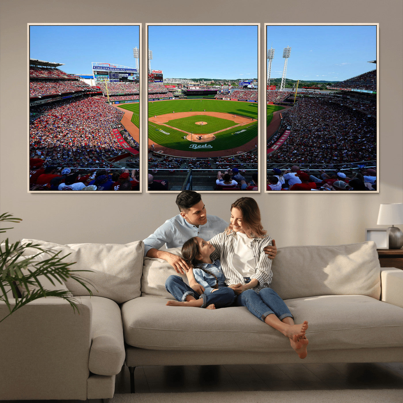 90998-MGV-CV-36X24-Baseball Stadium Wall Art – Canvas Print Day Game Field Packed Crowd Bright Blue Sky Sports Photography, Classic Decor for Game