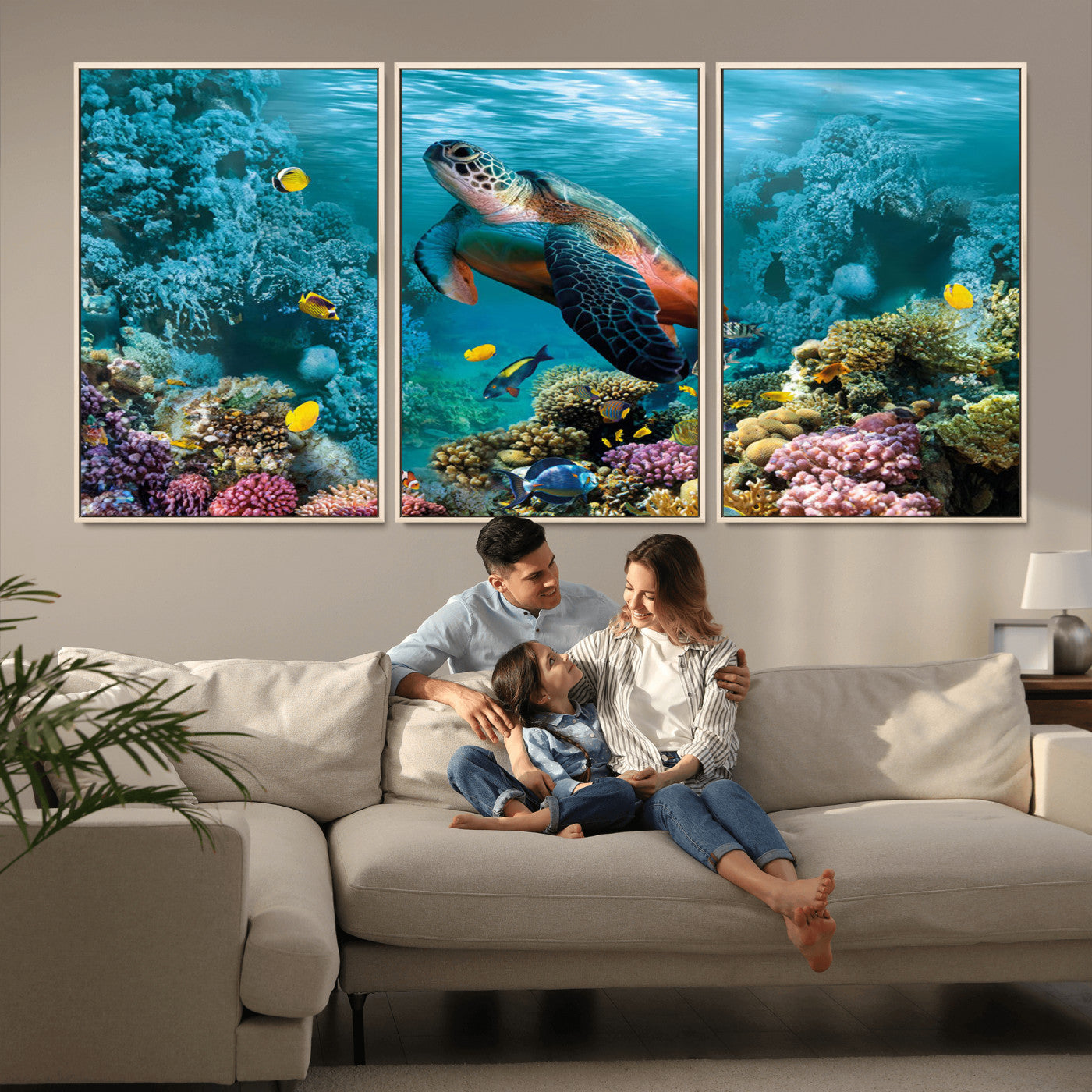 38661-MGV-FC-60X30-3P_Natural-Sea Turtle Wall Art Canvas Print, Framed Ocean Wildlife Art Picture Print, Turtle Perfect Coastal Nature Decor Artwork