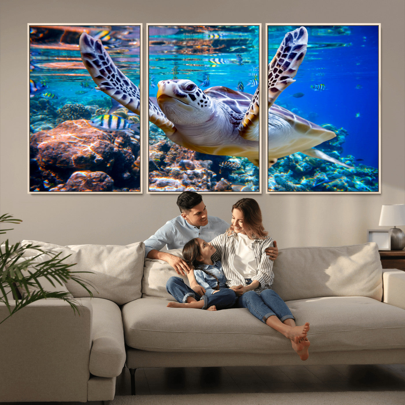 12683-MGV-CV-36X24-Sea Turtle Wall Art – Graceful Ocean Canvas Print with Coral Reef and Tropical Fish, Coastal Marine Life Decor for Beach House,