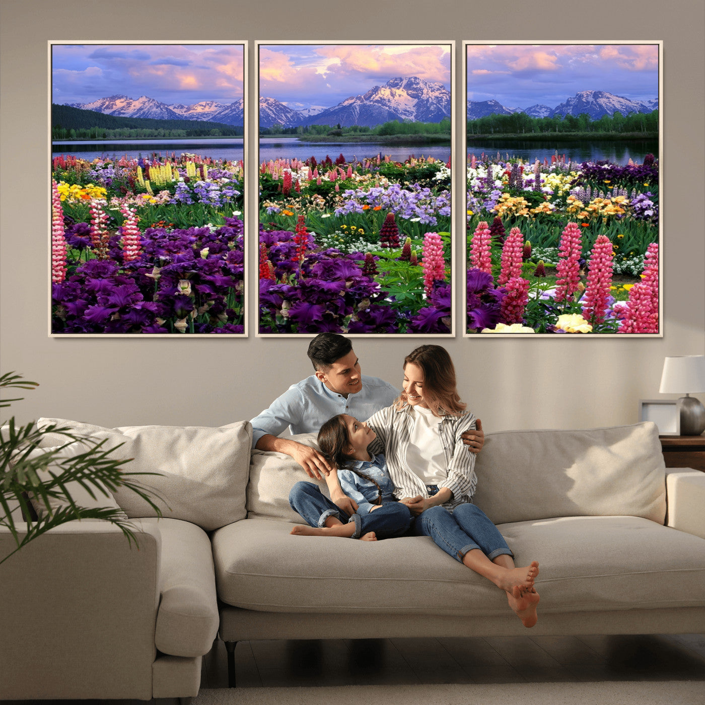 82270-MGV-CV-36X24-Colorful Wildflower Meadow Landscape Wall Art – Snow-Capped Mountain Lake Sunset Print, Vibrant Nature Artwork for Living Room,