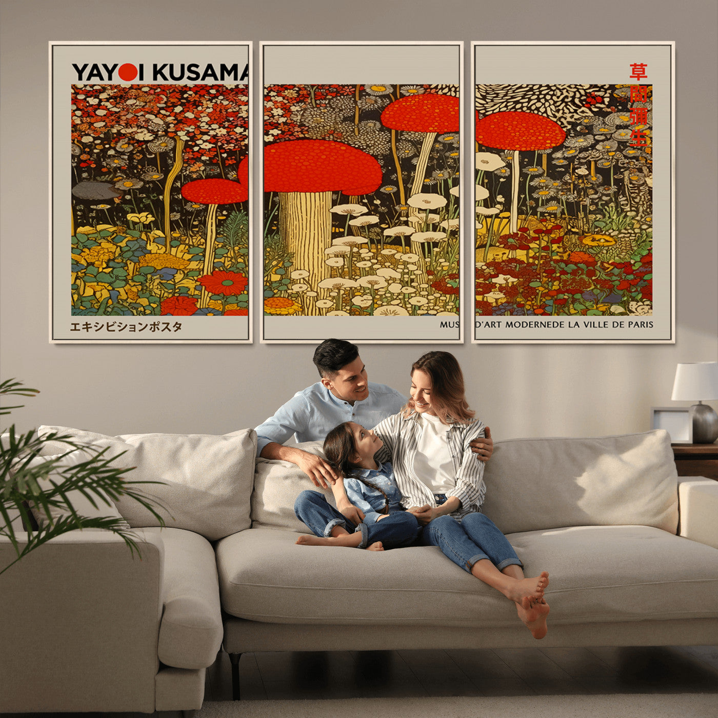 38013-MGV-CV-36X24-Yayoi Kusama Inspired Mushroom Garden Wall Art – Whimsical Botanical Canvas Print, Surreal Nature Poster, Fantasy Floral Artwork