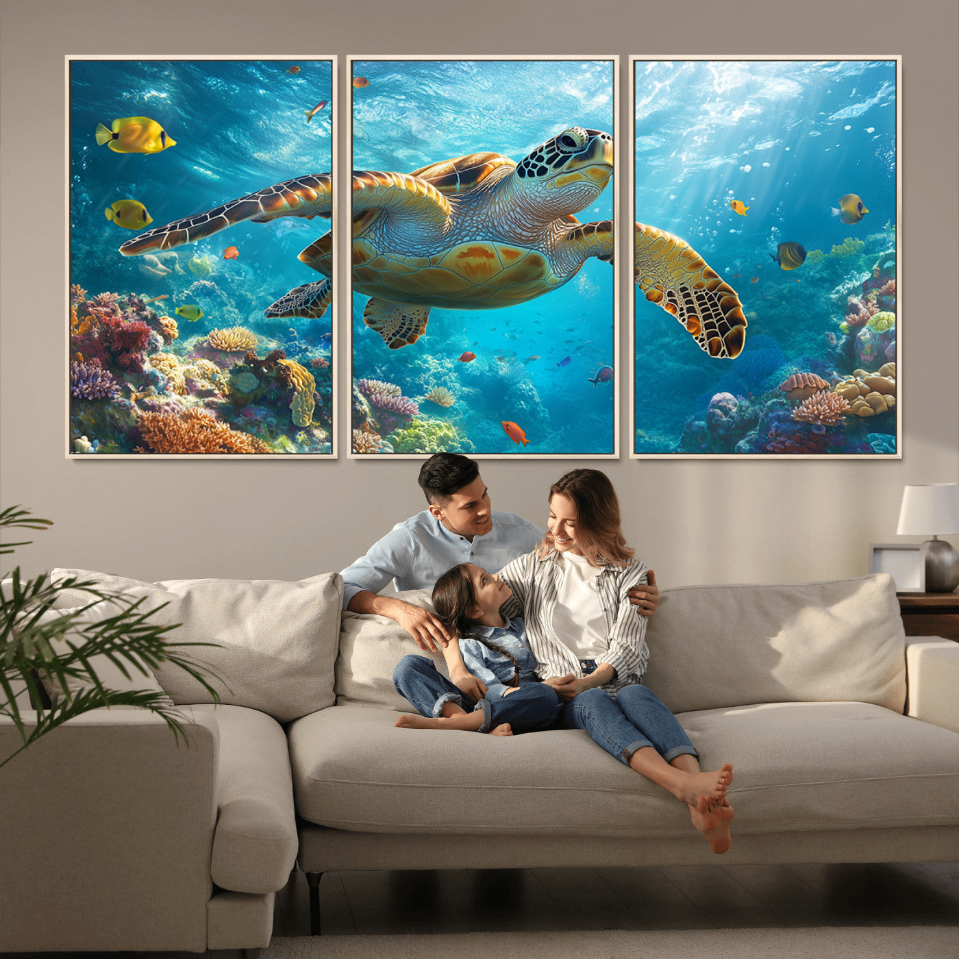 37623-MGV-CV-36X24-Sea Turtle Wall Art – Underwater Ocean Canvas Print with Coral Reef and Tropical Fish, Marine Life Painting Poster for Living