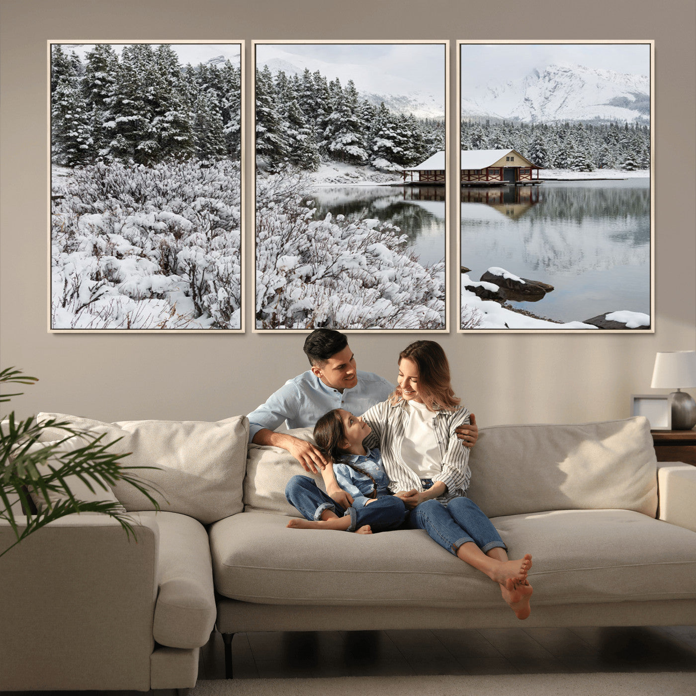 29975-MGV-CV-36X24-Winter Cabin by the Lake Wall Art – Snowy Mountain Landscape Canvas Print, Rustic Lodge Cabin Decor for Cozy Living Room, Bedroom