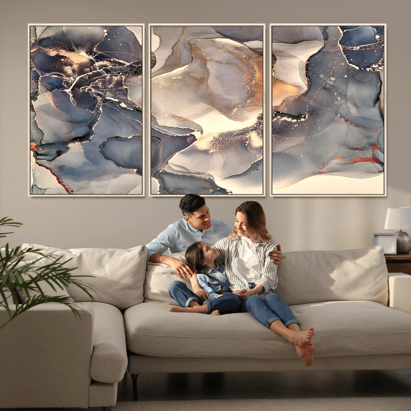 18202-MGV-CV-36X24-Abstract Neutral Wall Art – Blue, Beige and Gold Fluid Ink Canvas Print, Modern Minimalist Painting for Living Room, Office