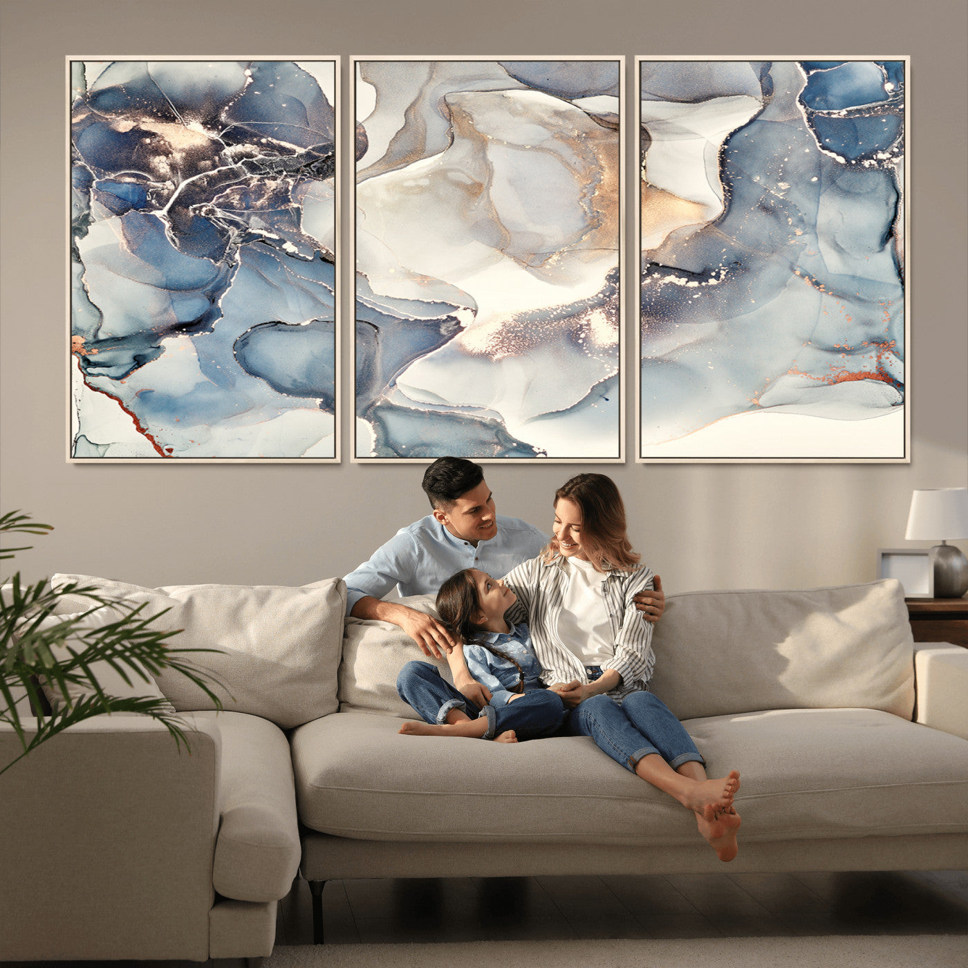 51497-MGV-CV-36X24-Abstract Blue and Gold Wall Art – Modern Fluid Ink Style Canvas Print, Elegant Contemporary Decor for Living Room, Office