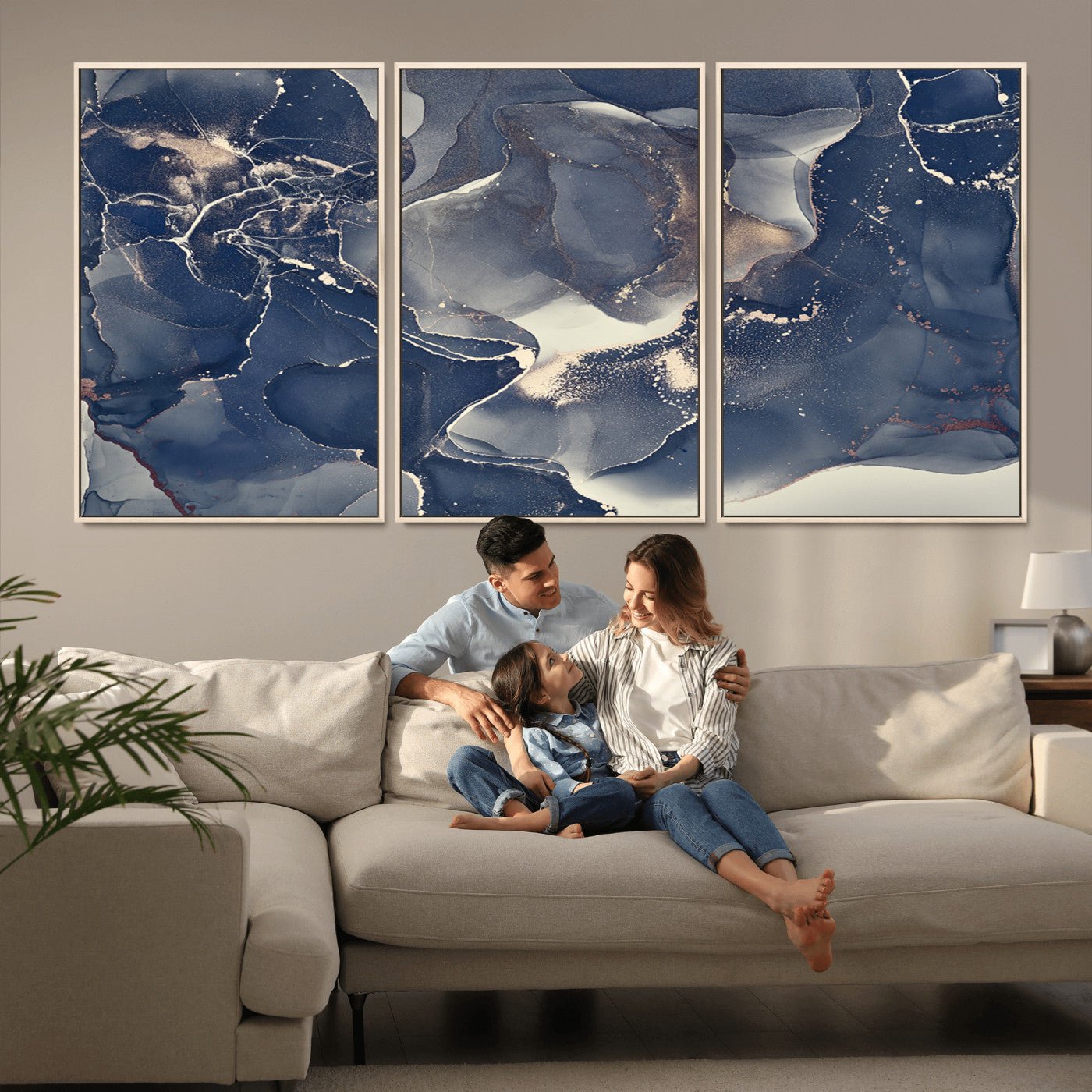 28282-MGV-CV-36X24-Blue Abstract Wall Art – Modern Ink Swirl Canvas Print, Contemporary Navy and Gold Painting for Living Room, Bedroom, Office or