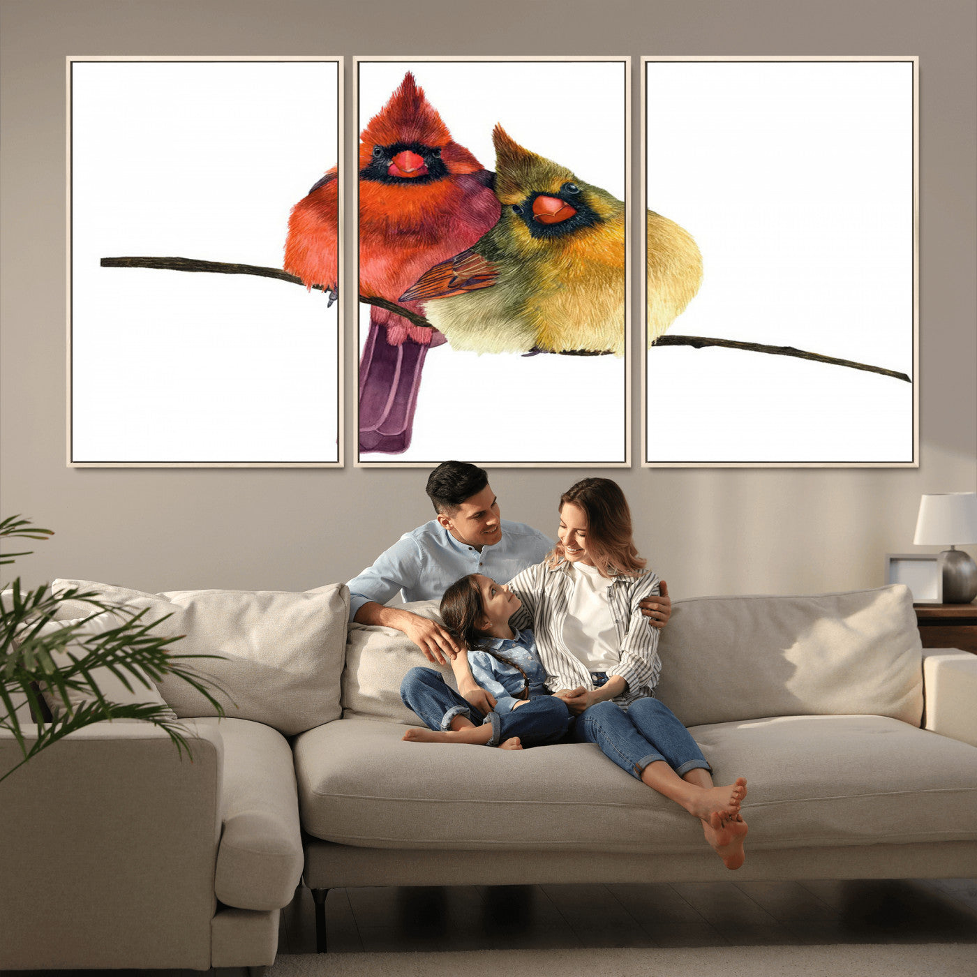 67752-MGV-FC-60X30-3P_Natural-Cardinal Couple Wall Art – Male and Female Cardinal Canvas Print, Romantic Bird Artwork for Nature Lovers, Living Room, Bedroom,