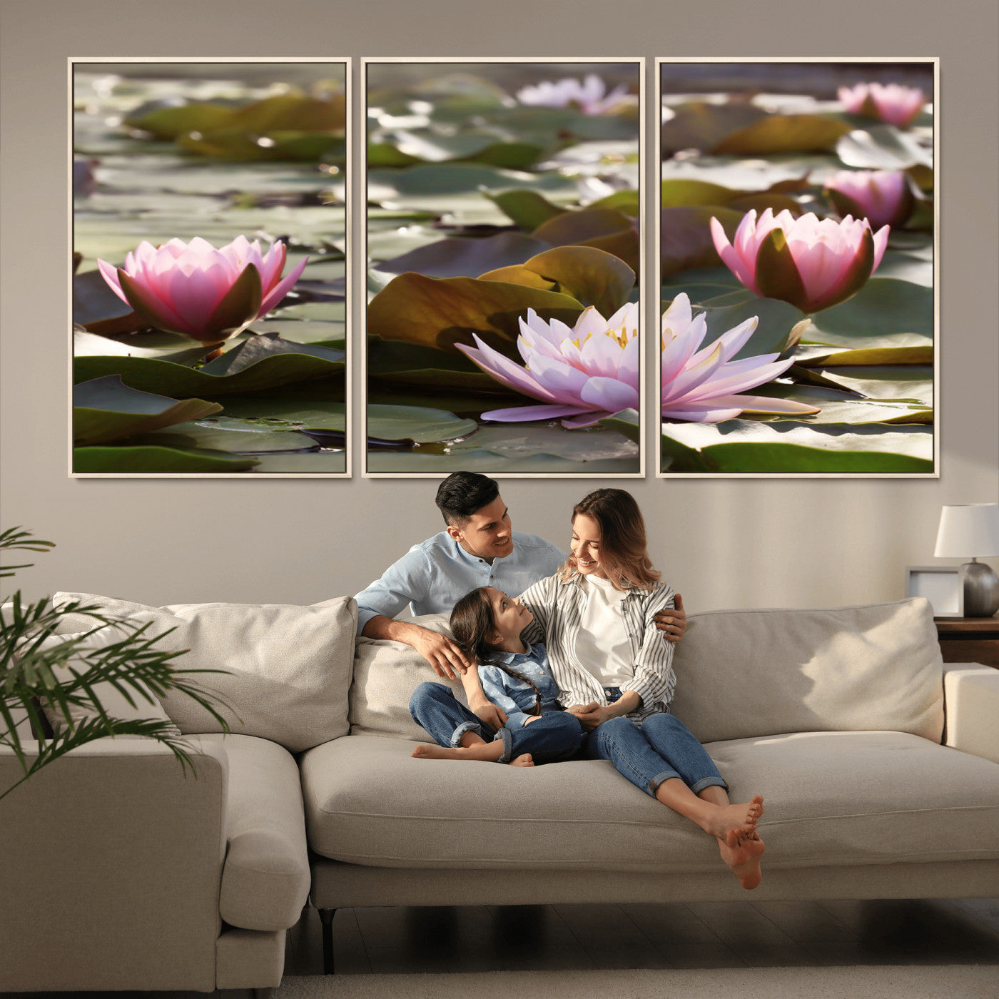 72218-MGV-CV-36X24-Water Lily Pond Wall Art – Pink Lotus Flowers Canvas Print with Green Lily Pads, Peaceful Botanical Artwork for Living Room,