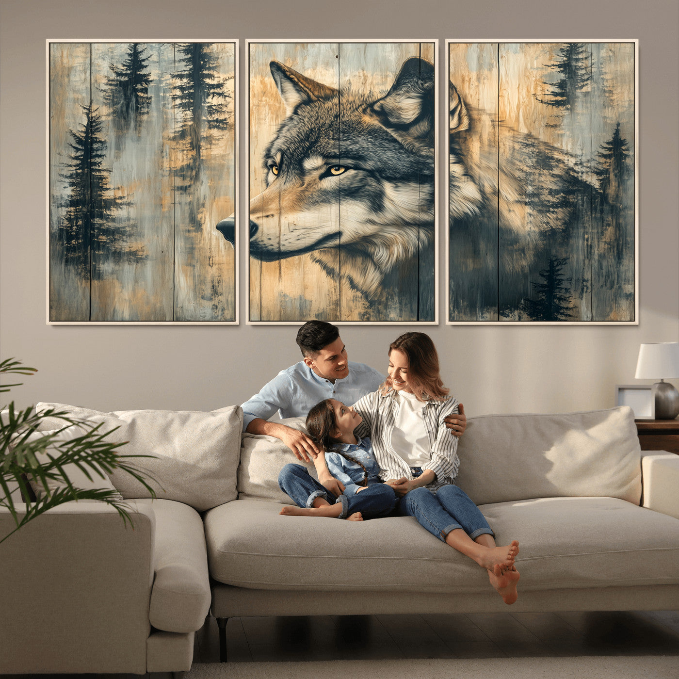 51892-MGV-CV-36X24-Wolf Wall Art – Rustic Canvas Print of Wolf with Forest Trees on Wood Texture, Wildlife Lodge Artwork for Living Room, Bedroom,