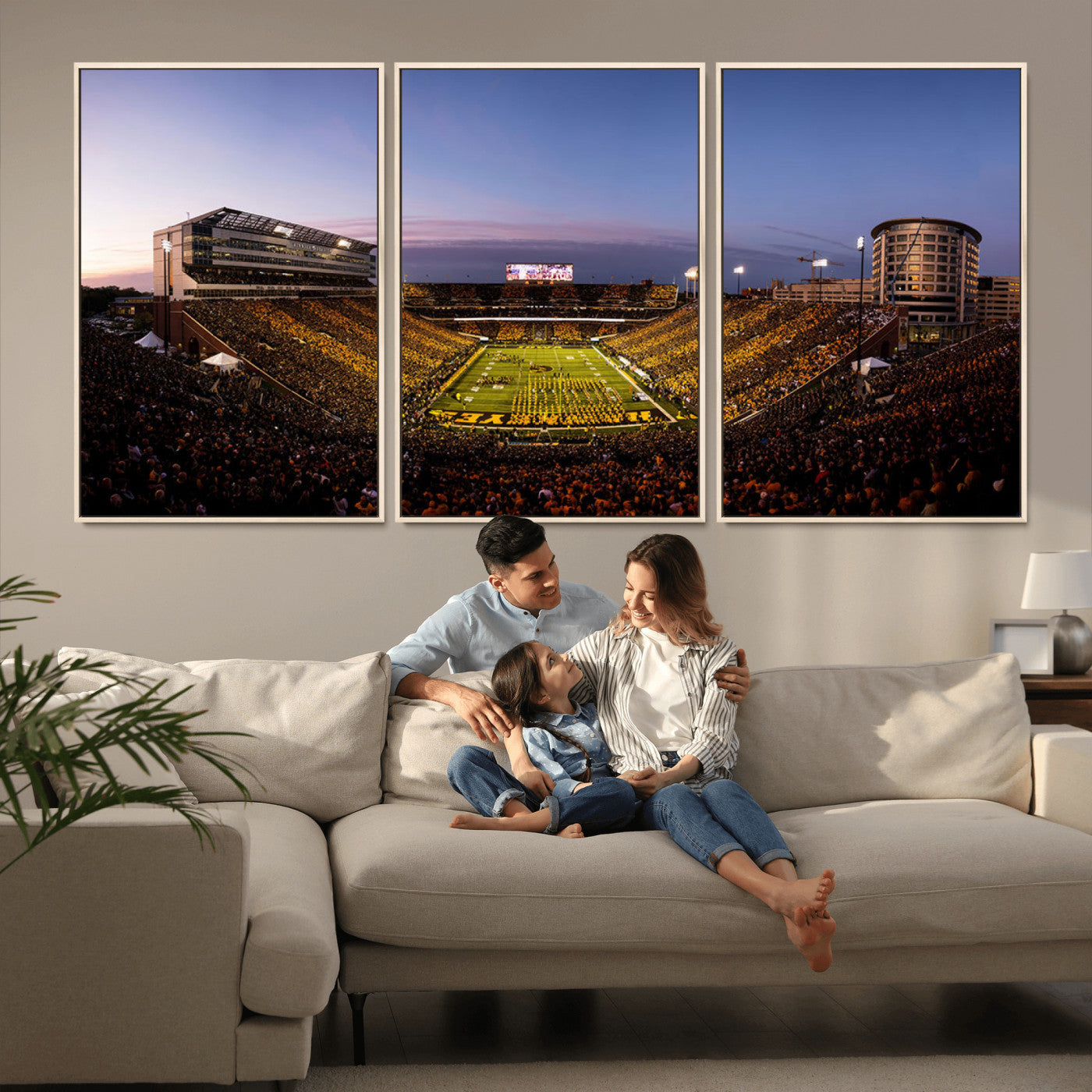 82557-MGV-CV-36X24-College Football Stadium Wall Art – Panoramic Sunset Canvas Print with Marching Band and Game Day Crowd, Sports Artwork for Man