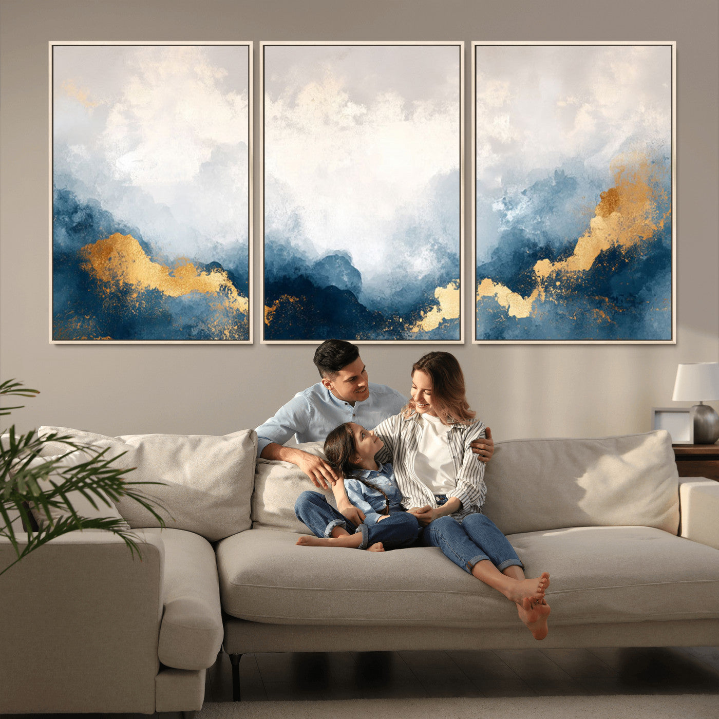 14578-MGV-CV-36X24-Abstract Wall Art – Modern Canvas Print Featuring Blue and White Clouds with Golden Accents, Contemporary Elegant Artwork for