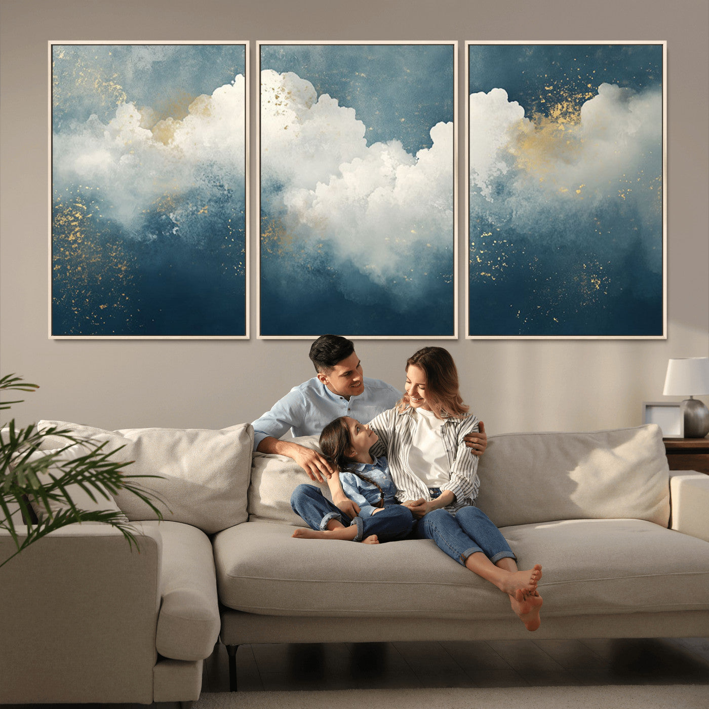 75131-MGV-CV-36X24-Abstract Cloud Wall Art – Modern Canvas Print Featuring Blue and White Clouds with Golden Accents, Contemporary Artwork for Living