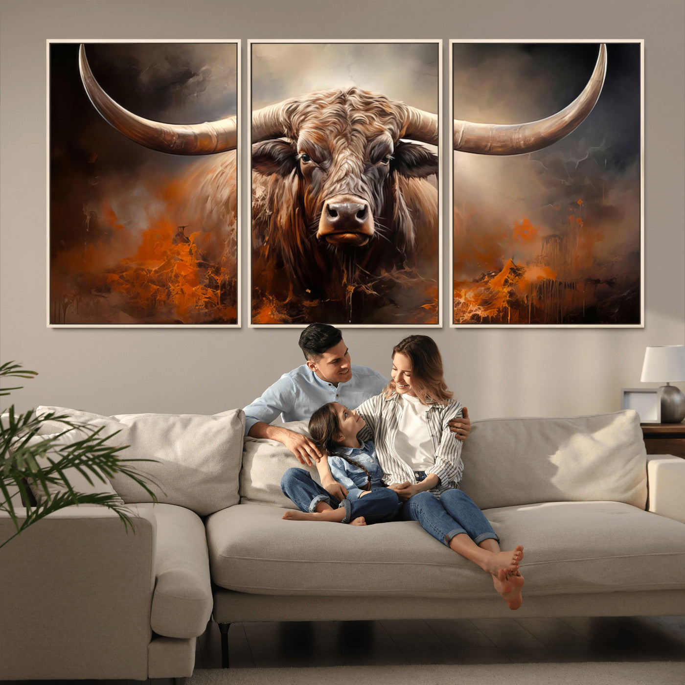 240479-MGV-CV-36X24-Longhorn Bull Wall Art – Dramatic Western Canvas Print Featuring Horned Bull with Fiery Background, Rustic Farmhouse Artwork for
