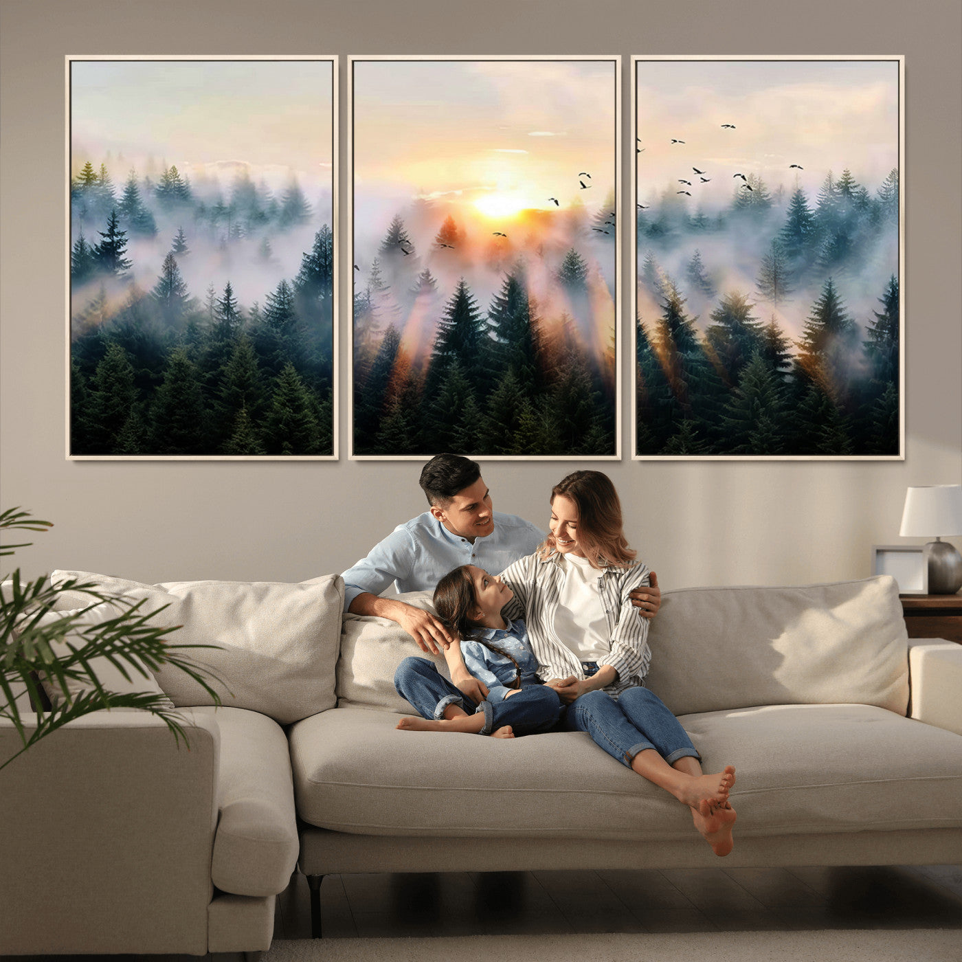 56391411-MGV-CV-36X24-Misty Forest Wall Art Canvas Print, Framed Sunrise Pines Art Picture Print, Moody Pines Perfect Serene Woodland Decor Artwork