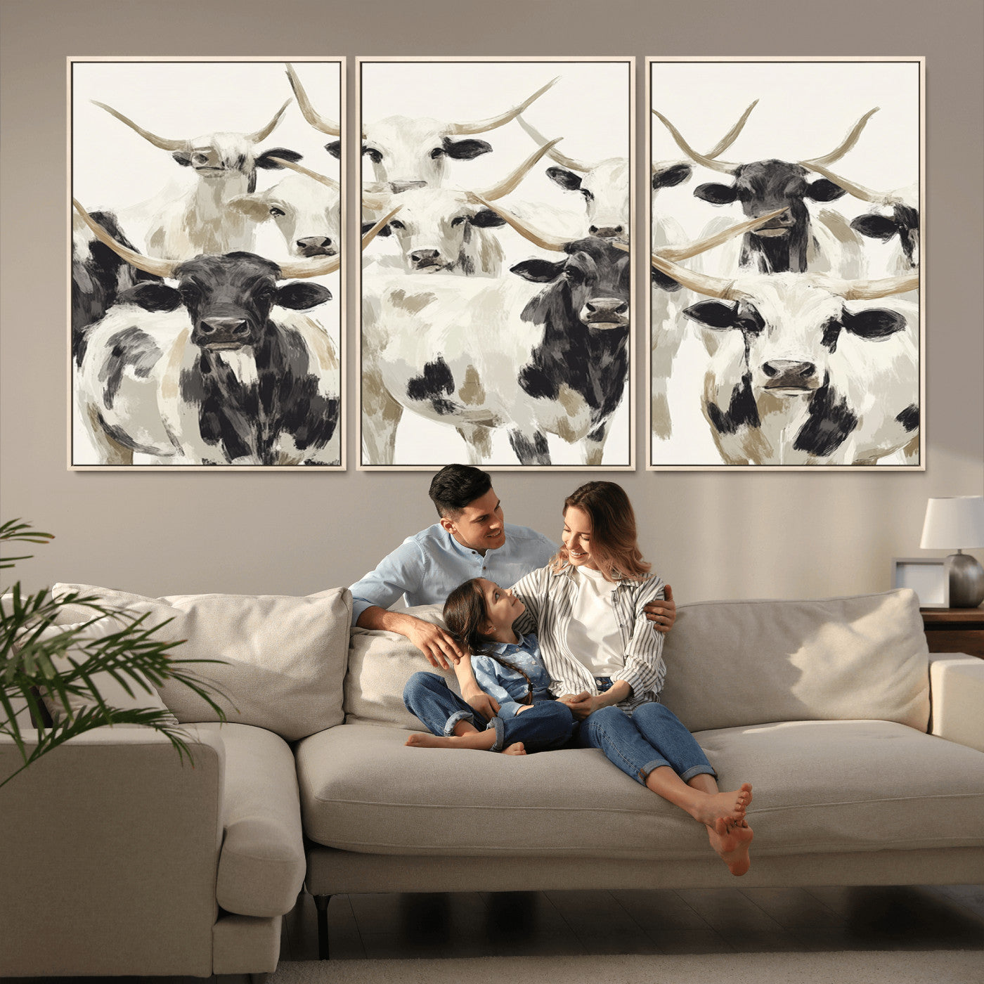 52947970-MGV-FC-60X30-3P_Natural-Texas Longhorn Wall Art Canvas Print, Framed Cattle Herd Art Picture Print, Herd Portrait Perfect Modern Farmhouse Decor Artwork