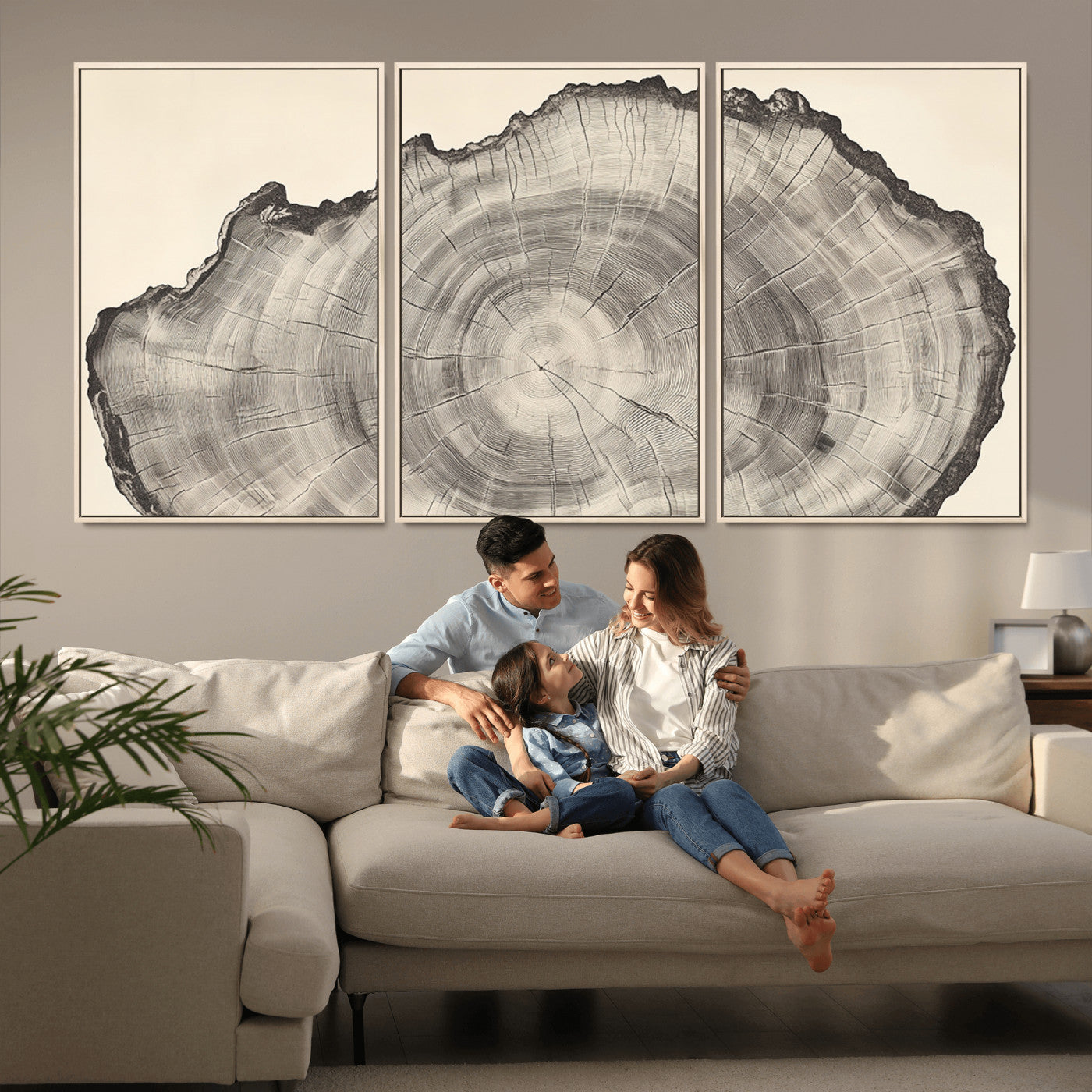 98921313-MGV-FC-60X30-3P_Natural-Tree Ring Wall Art Canvas Print, Framed Wood Slice Art Picture Print, Minimalist Wood Perfect Rustic Academic Decor Artwork