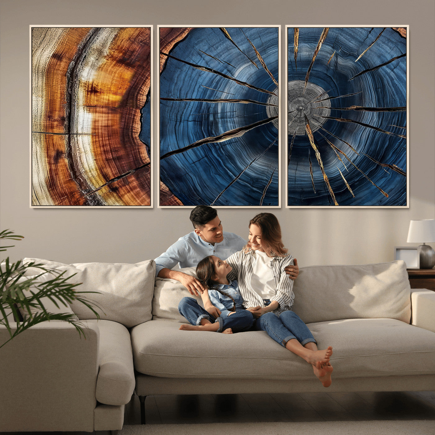 45268471-MGV-CV-36X24-Blue Tree Ring Wall Art – Rustic Wood Cross Section Canvas Print, Modern Abstract Nature Decor for Living Room, Office, or Cabin
