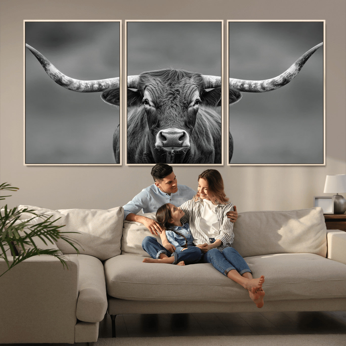 81228550-MGV-CV-36X24-Framed Texas Longhorn Bull Art Canvas Print, Western Bull Wall Art Print, Long Horn Bull Photo Print for Log Cabin, Large Bull