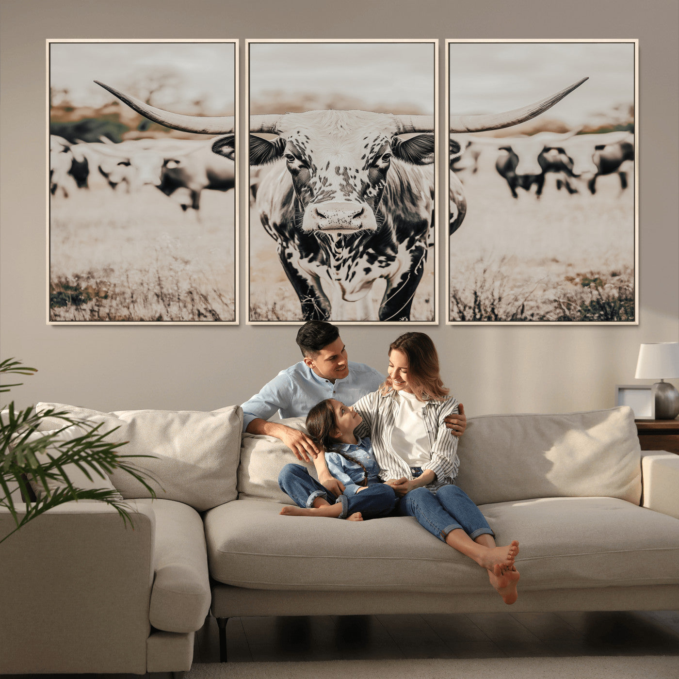 27497342-MGV-FC-60X30-3P_Natural-Texas Longhorn Wall Art Canvas Print, Framed Speckled Cow Art Picture Print, Horned Cattle Perfect Rustic Western Decor Artwork