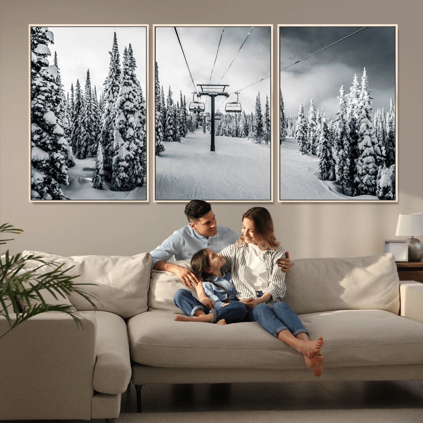31156828-MGV-CV-36X24-Snowy Pines Wall Art Canvas Print, Framed Ski Lift Art Picture Print, Winter Forest Perfect Moody Lodge Decor Artwork