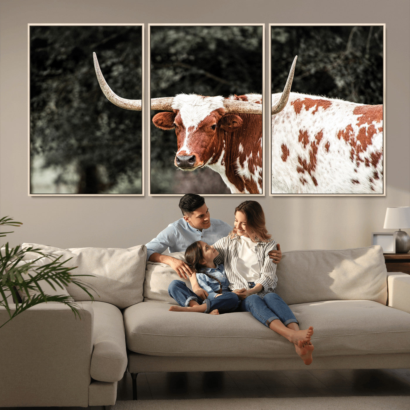 54027638-MGV-CV-36X24-Texas Longhorn Wall Art Canvas Print, Framed Spotted Cow Art Picture Print, Horned Bull Perfect Rustic Western Decor Artwork