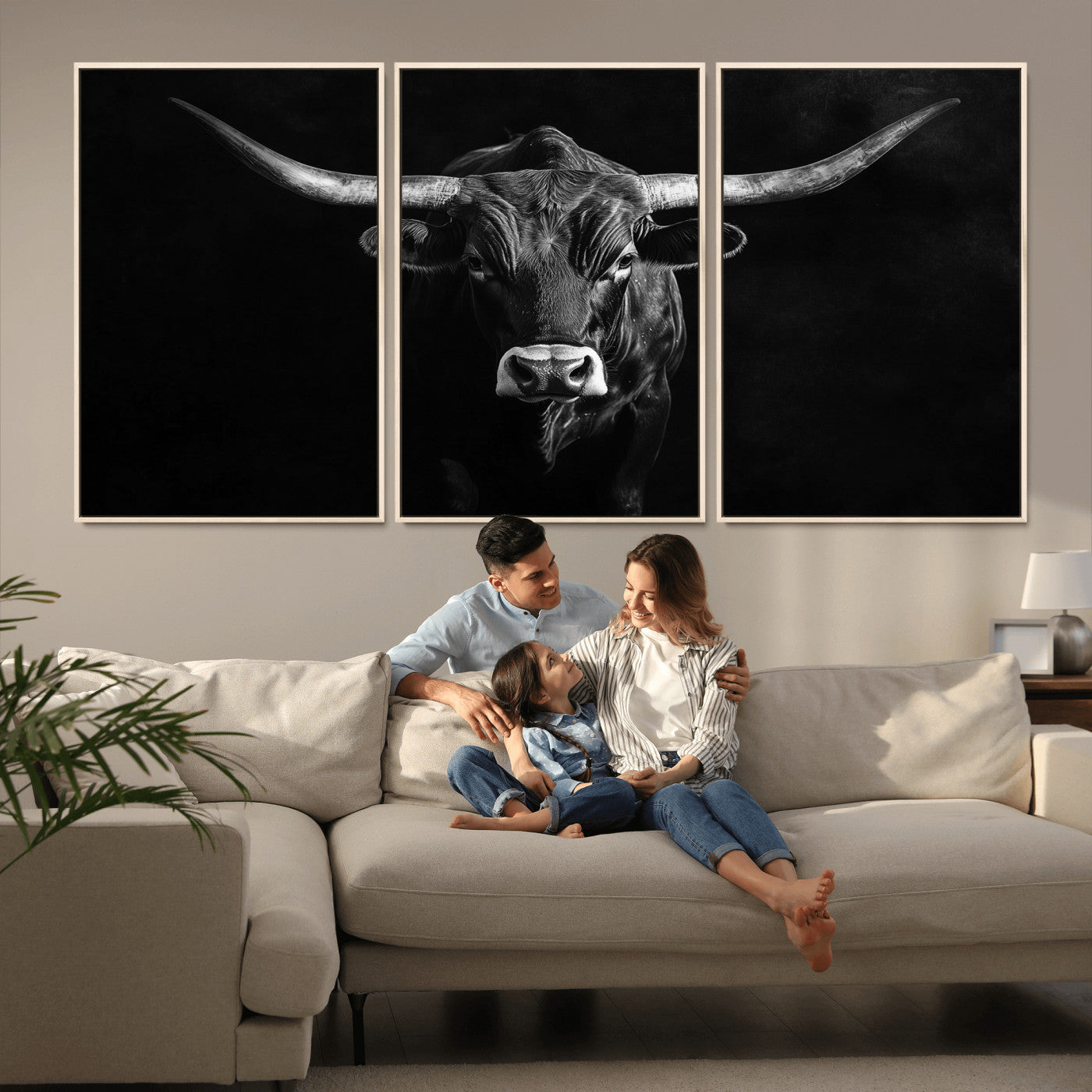 42077175-MGV-CV-36X24-Texas Longhorn Wall Art Canvas Print, Framed Monochrome Bull Art Picture Print, Horned Bull Perfect Rustic Western Decor Artwork