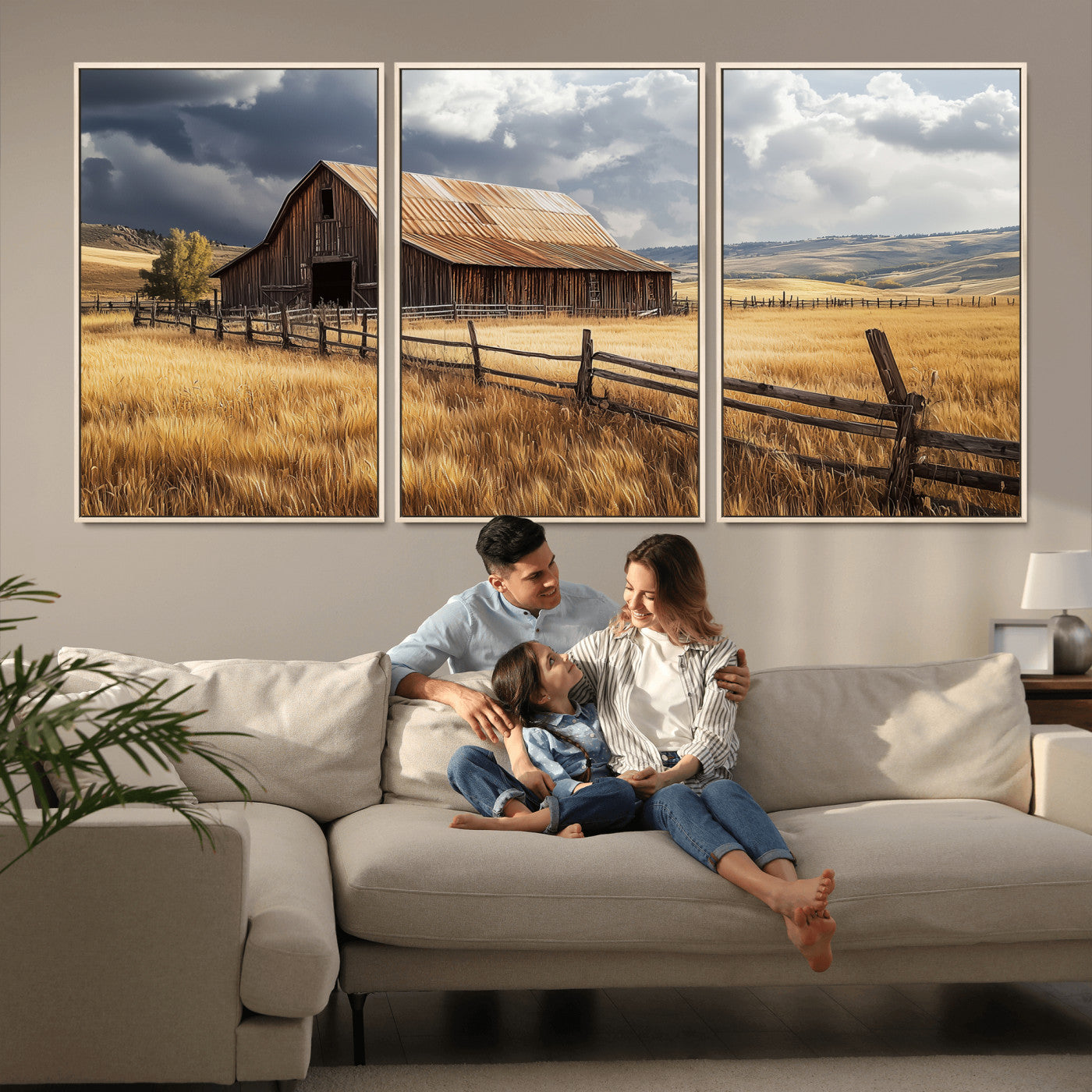 38758826-MGV-CV-36X24-Rustic Barn Wall Art Canvas Print, Framed Moody Barn Art Picture Print, Golden Field Perfect Rustic Farmhouse Decor Artwork