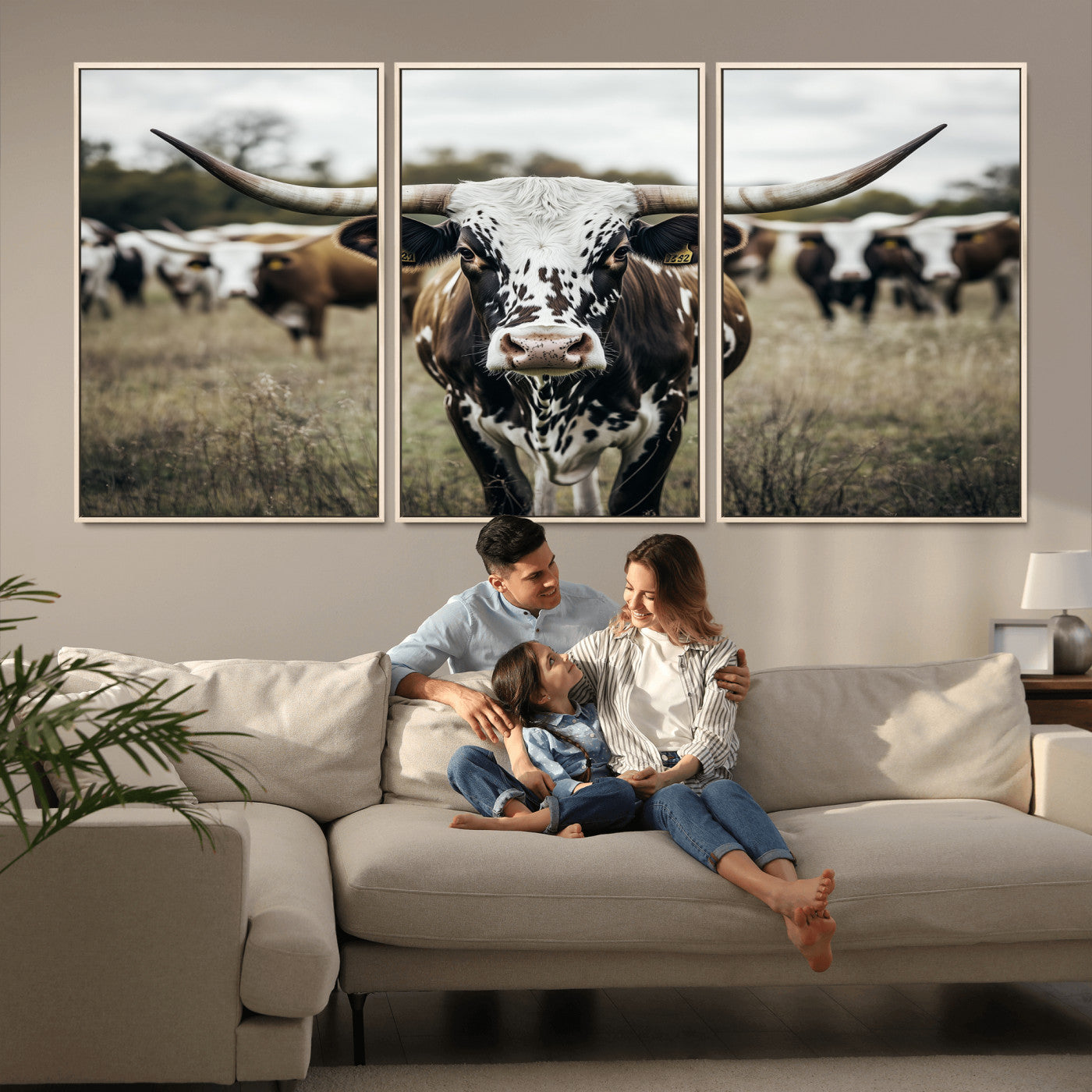 79025945-MGV-CV-36X24-Texas Longhorn Wall Art Canvas Print, Framed Speckled Cow Art Picture Print, Horned Cattle Perfect Rustic Western Decor Artwork