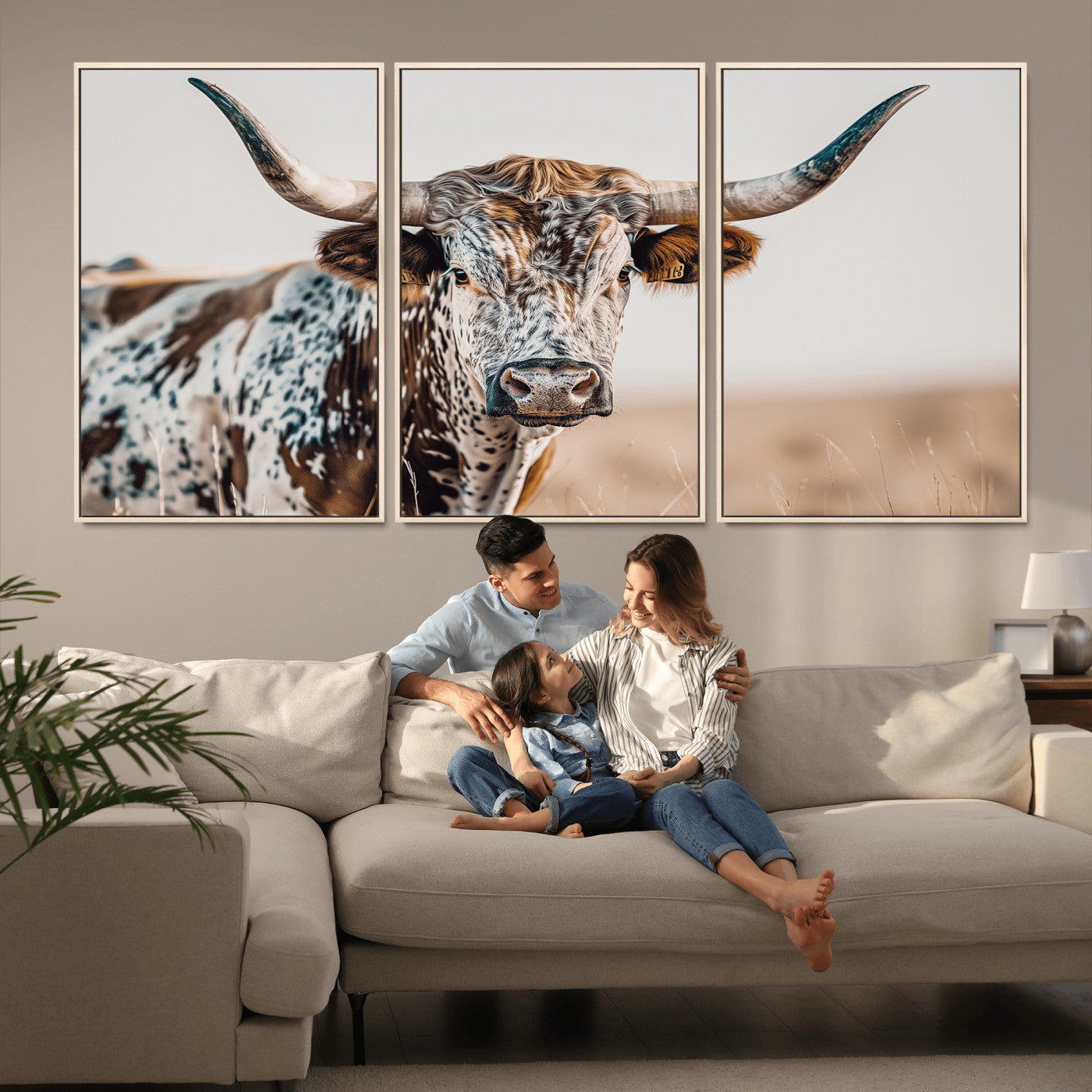 70414966-MGV-CV-36X24-Texas Longhorn Wall Art Canvas Print, Framed Speckled Cow Art Picture Print, Horned Bull Perfect Rustic Western Decor Artwork