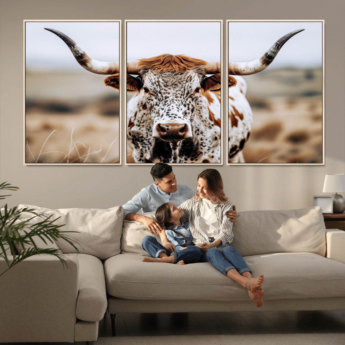 76294381-MGV-CV-36X24-Texas Longhorn Wall Art Canvas Print, Framed Spotted Cow Art Picture Print, Horned Cattle Perfect Rustic Western Decor Artwork