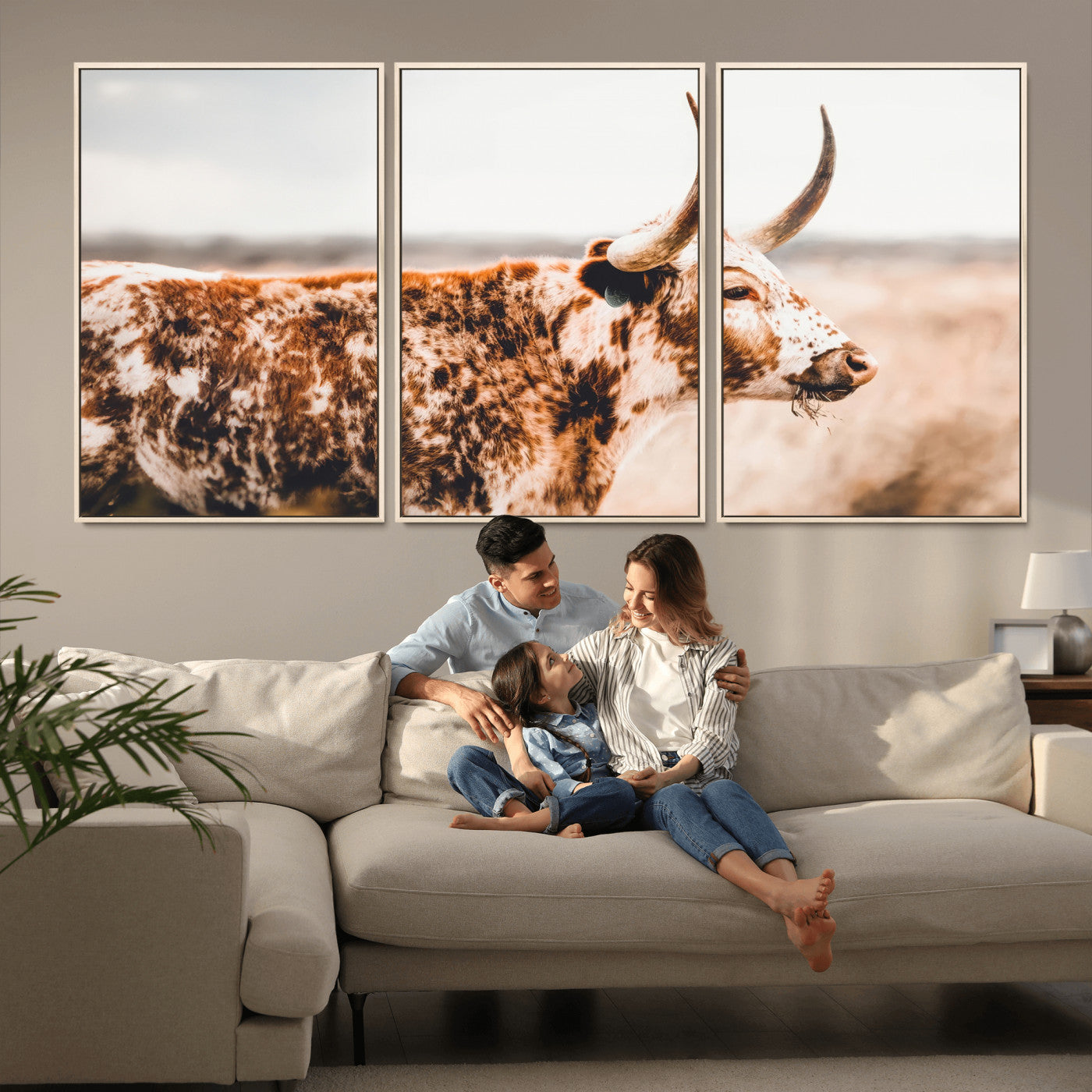 11528295-MGV-CV-36X24-Speckled Longhorn Wall Art Canvas Print, Framed Texas Cattle Art Picture Print, Horned Cow Perfect Rustic Western Decor Artwork