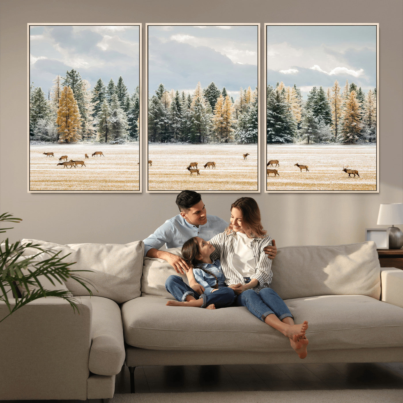 64188182-MGV-CV-36X24-Elk Herd Wall Art Canvas Print, Framed Snowy Forest Art Picture Print, Forest Elks Perfect Neutral Rustic Decor Artwork
