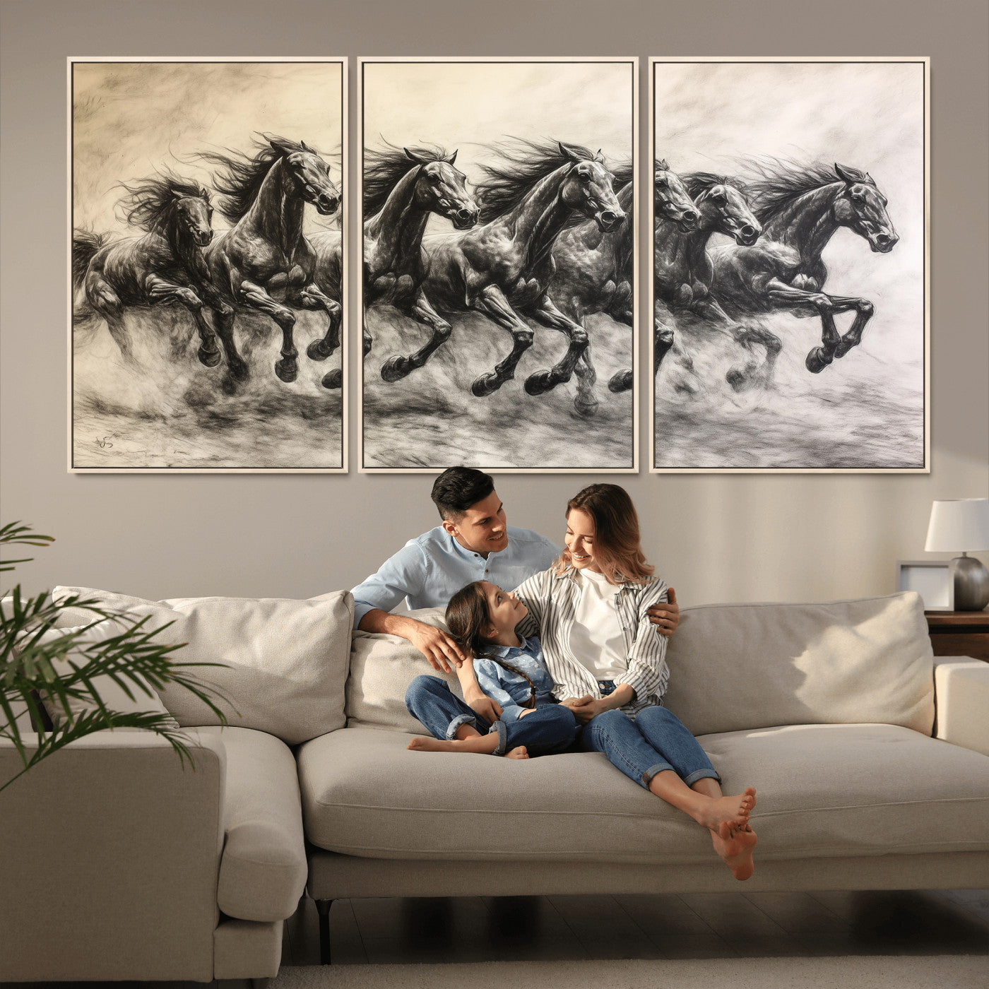 56089591-MGV-CV-36X24-Galloping Horses Wall Art Canvas Print, Framed Wild Stallions Art Picture Print, Horse Herd Sketch Perfect Monochrome Dynamic