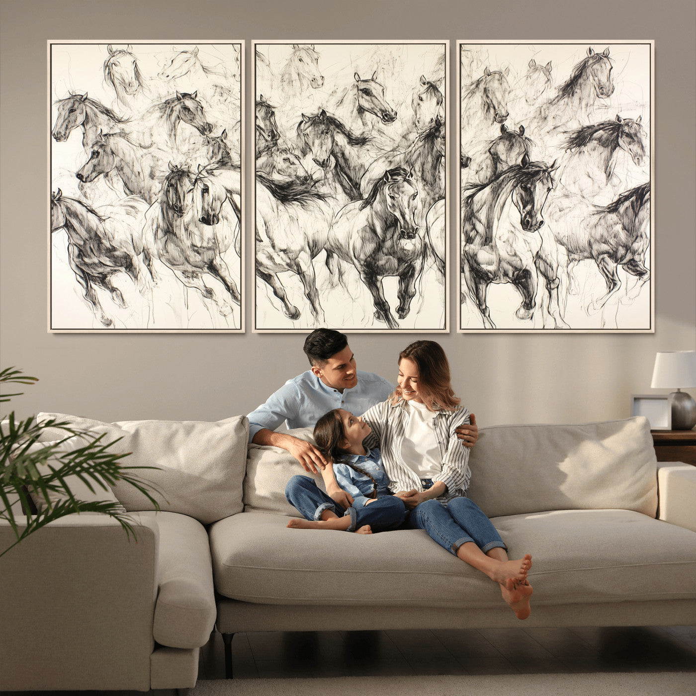 19433417-MGV-CV-36X24-Running Horses Wall Art Canvas Print, Framed Horse Sketch Art Picture Print, Galloping Herd Perfect Monochrome Western Decor