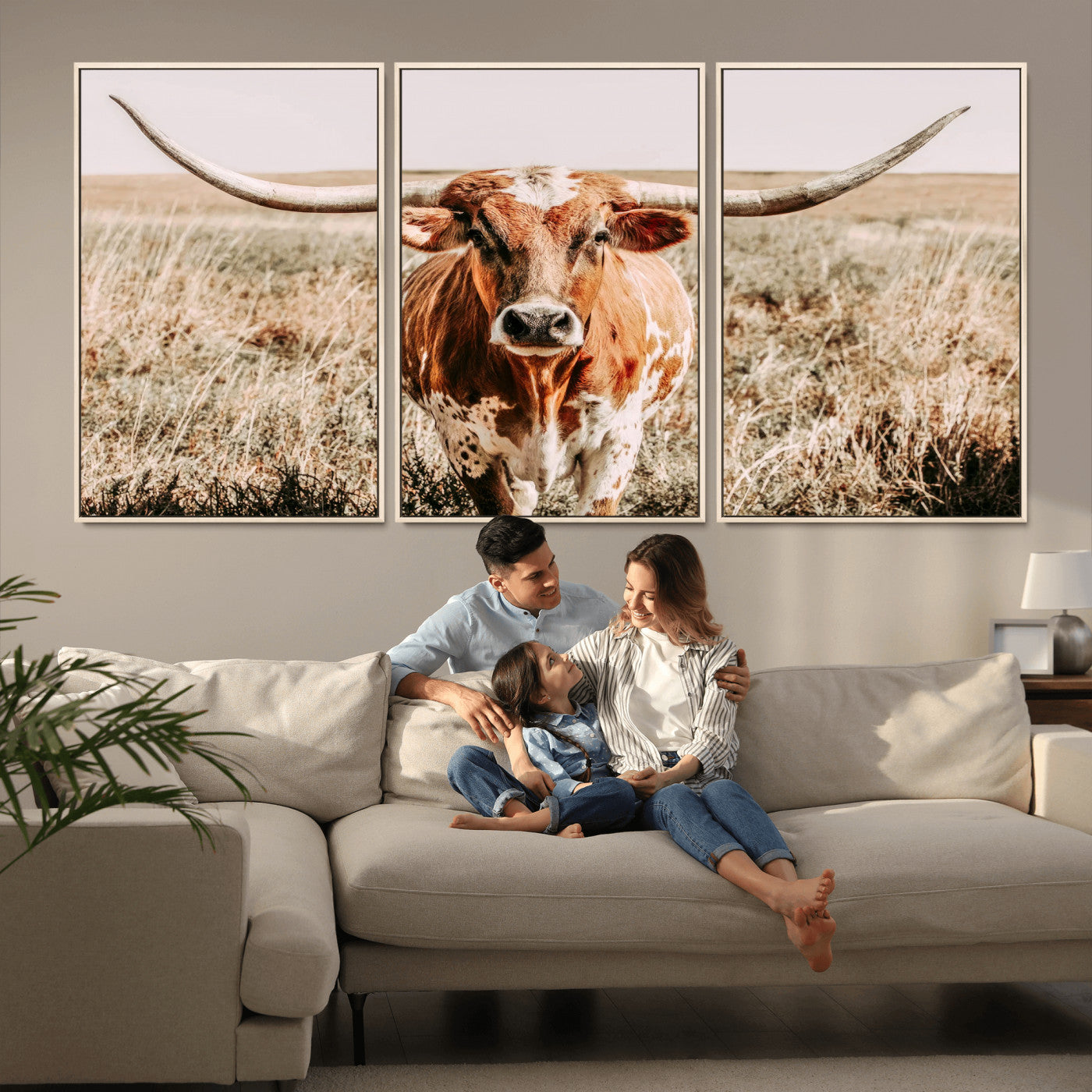 54986862-MGV-FC-60X30-3P_Natural-Majestic Longhorn Wall Art – Canvas Print of Graceful Strength & Bold Spirit, Wild Plains Beauty Nature Inspired Rustic Decor for