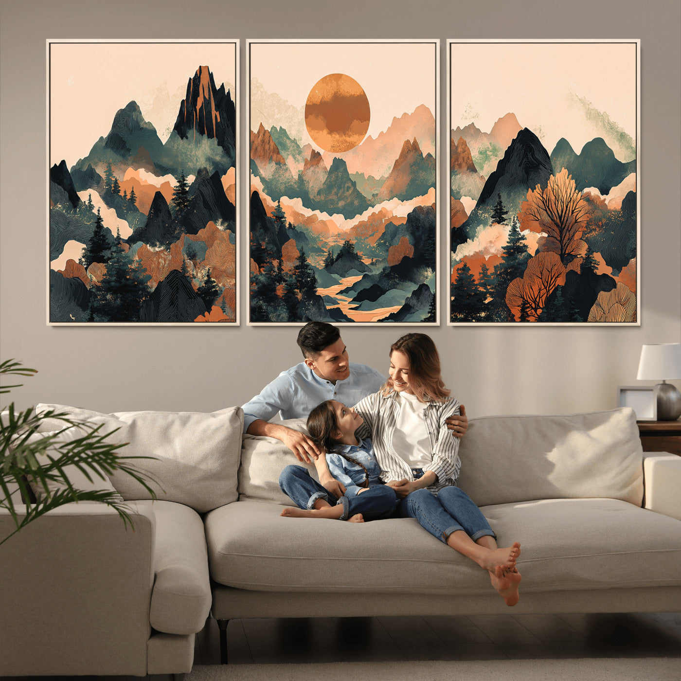 13012770-MGV-CV-36X24-Mountain Landscape Wall Art – Modern Nature Canvas Print with Sun, Misty Peaks, and Forest in Orange and Green Tones for Living