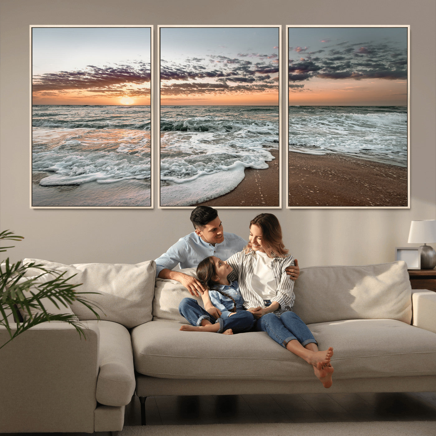 40632752-MGV-FC-60X30-3P_Natural-Ocean Sunset Wall Art Canvas Print, Framed Beach Waves Art Picture Print, Coastal Scene Perfect Coastal Decor Artwork